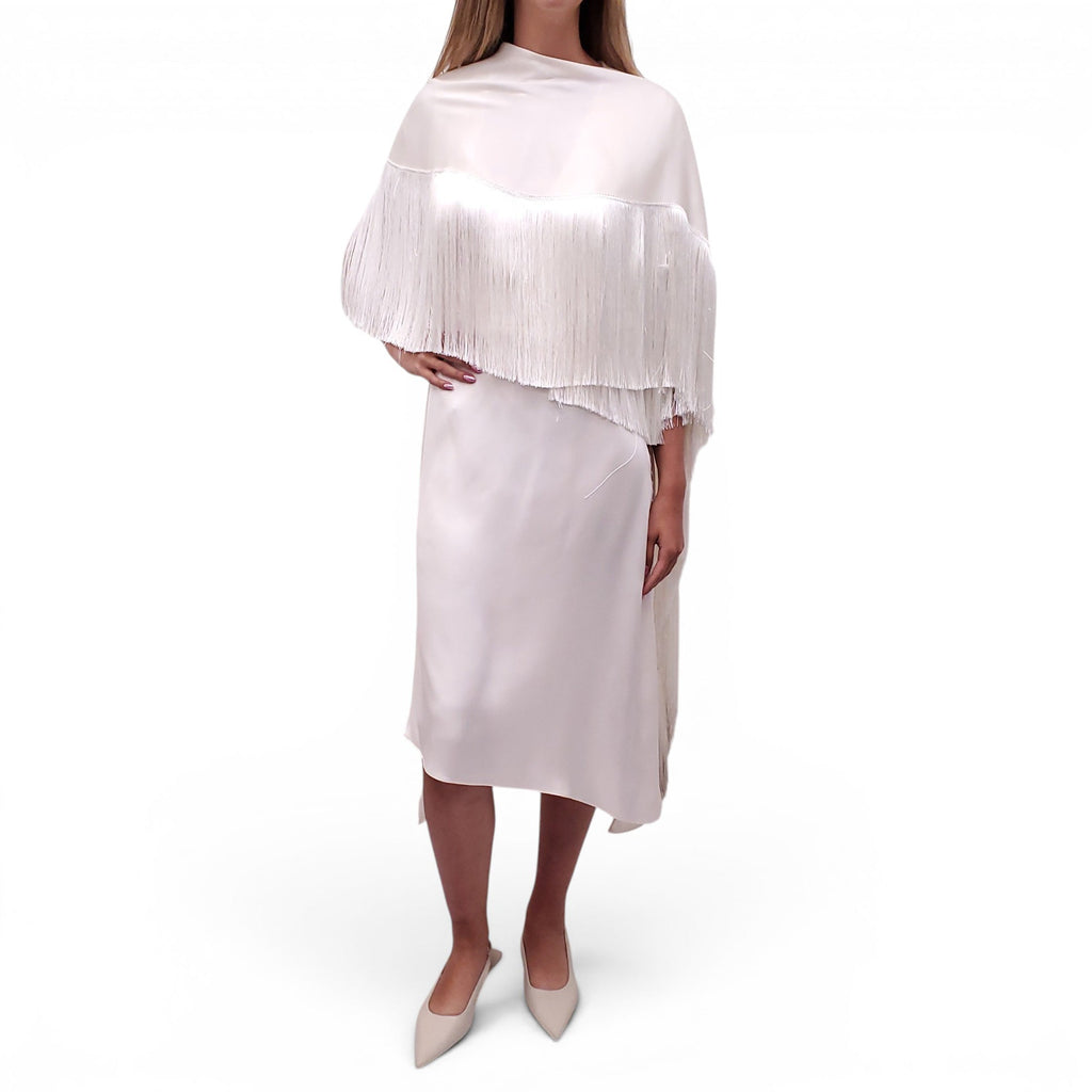 MAGDA BUTRYM CREAM SILK FRINGE MIDI DRESS - SIZE 38
