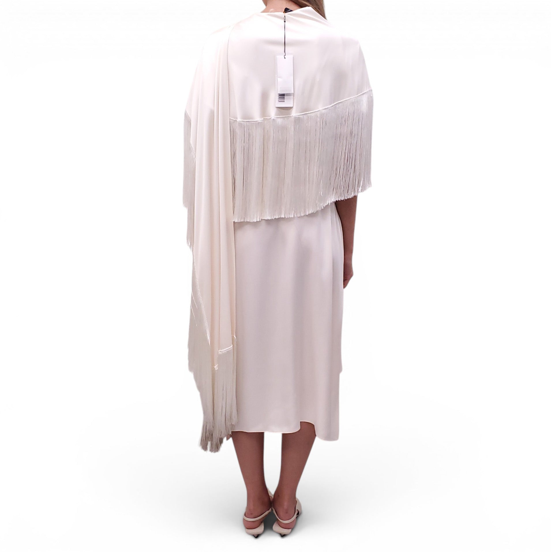 MAGDA BUTRYM CREAM SILK FRINGE MIDI DRESS - SIZE 38