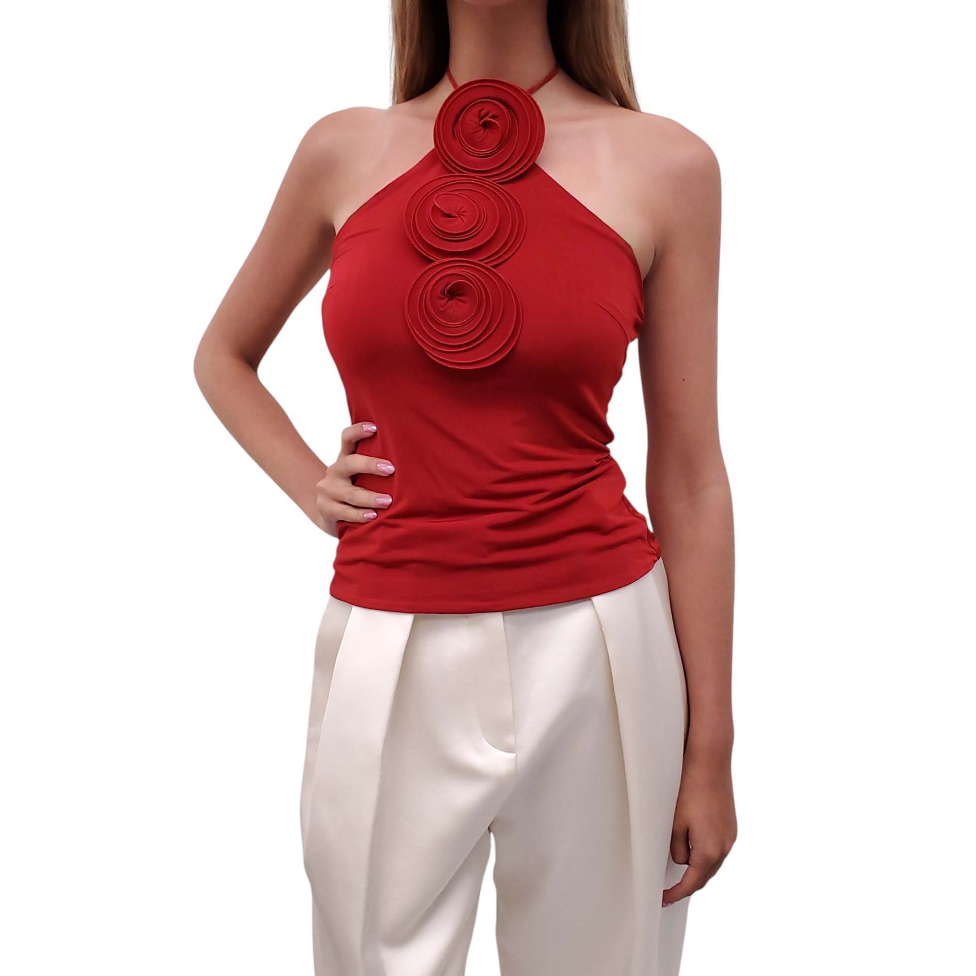 MAGDA BUTRYM RED ROSETTE HALTER TOP - SIZE 38