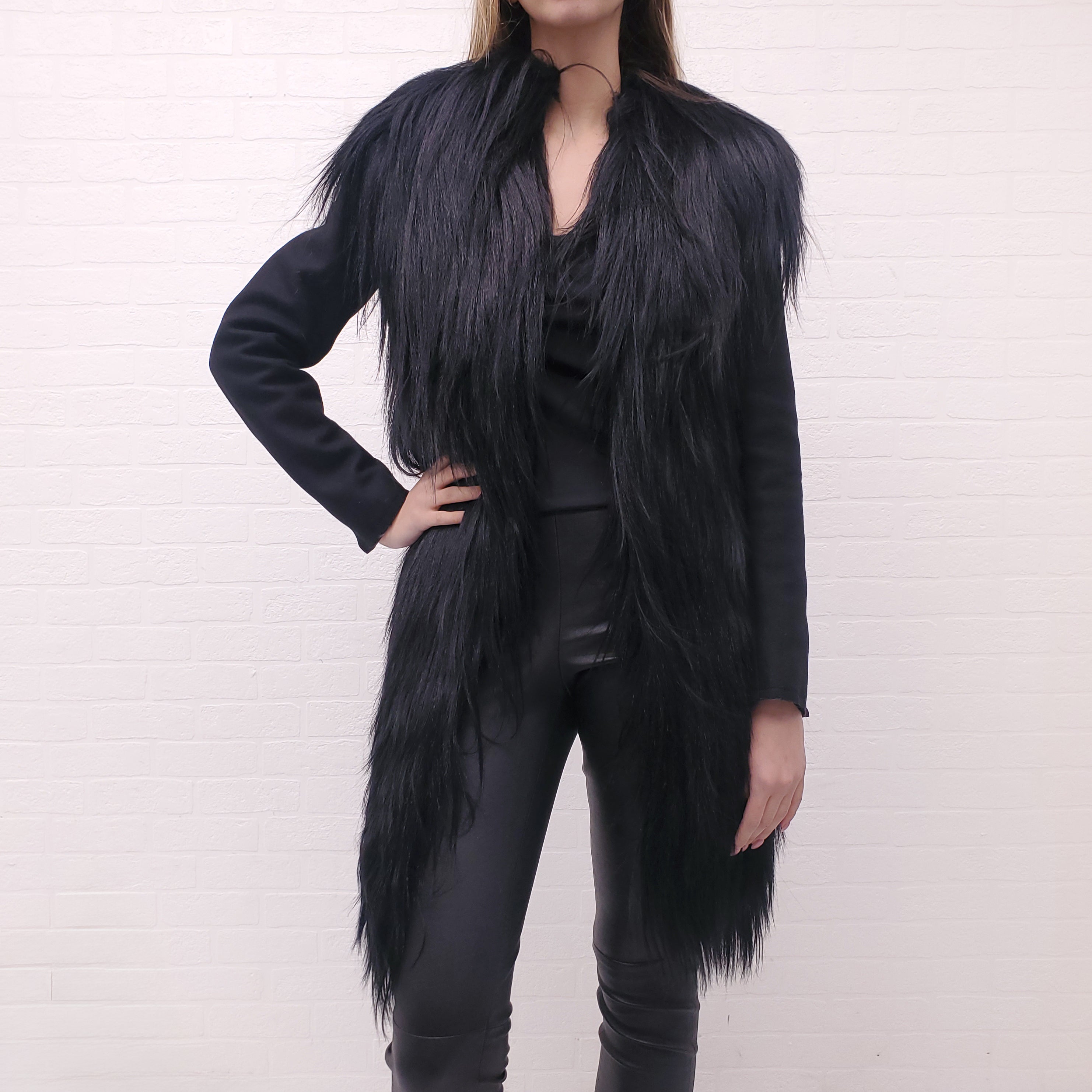 MAISON MARGIELA BLACK GOAT HAIR ASYMMETRICAL JACKET WITH CUT OUT DETAILS - SIZE 40