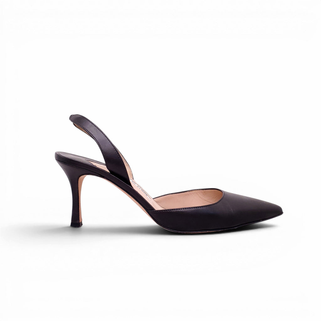 MANOLO BLAHNIK BLACK LEATHER SLINGBACKS - SIZE 38.5