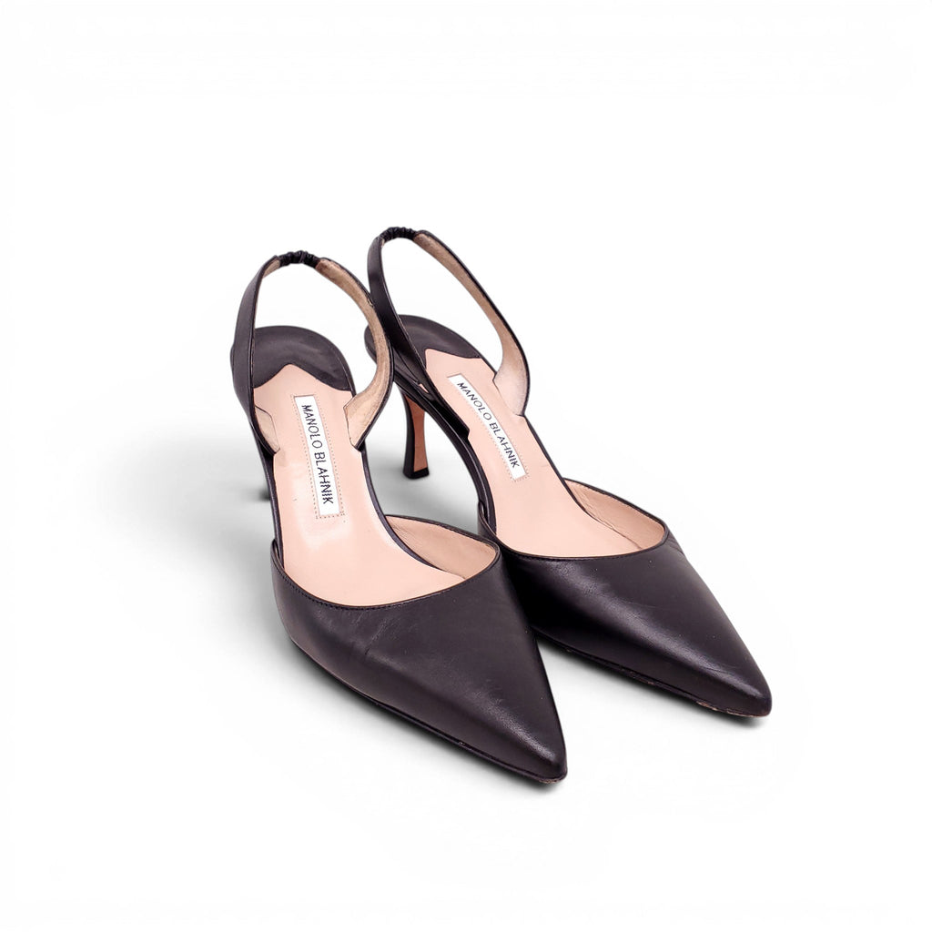 MANOLO BLAHNIK BLACK LEATHER SLINGBACKS - SIZE 38.5