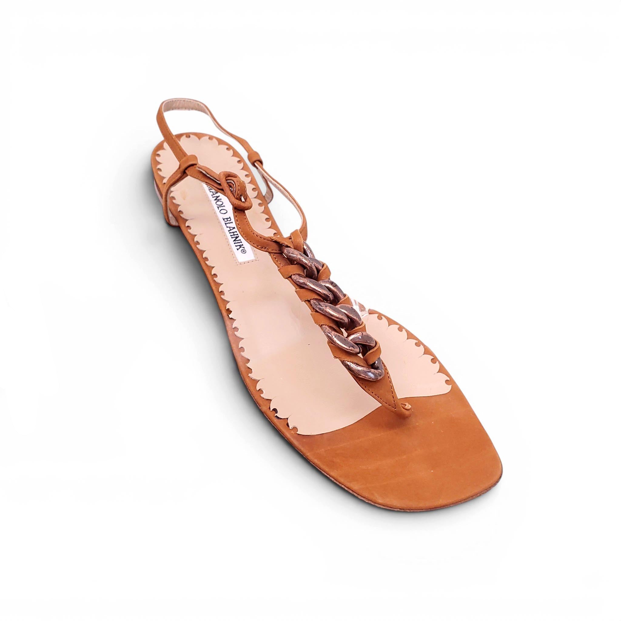 MANOLO BLAHNIK BROWN LEATHER CHAIN SANDALS - SIZE 40