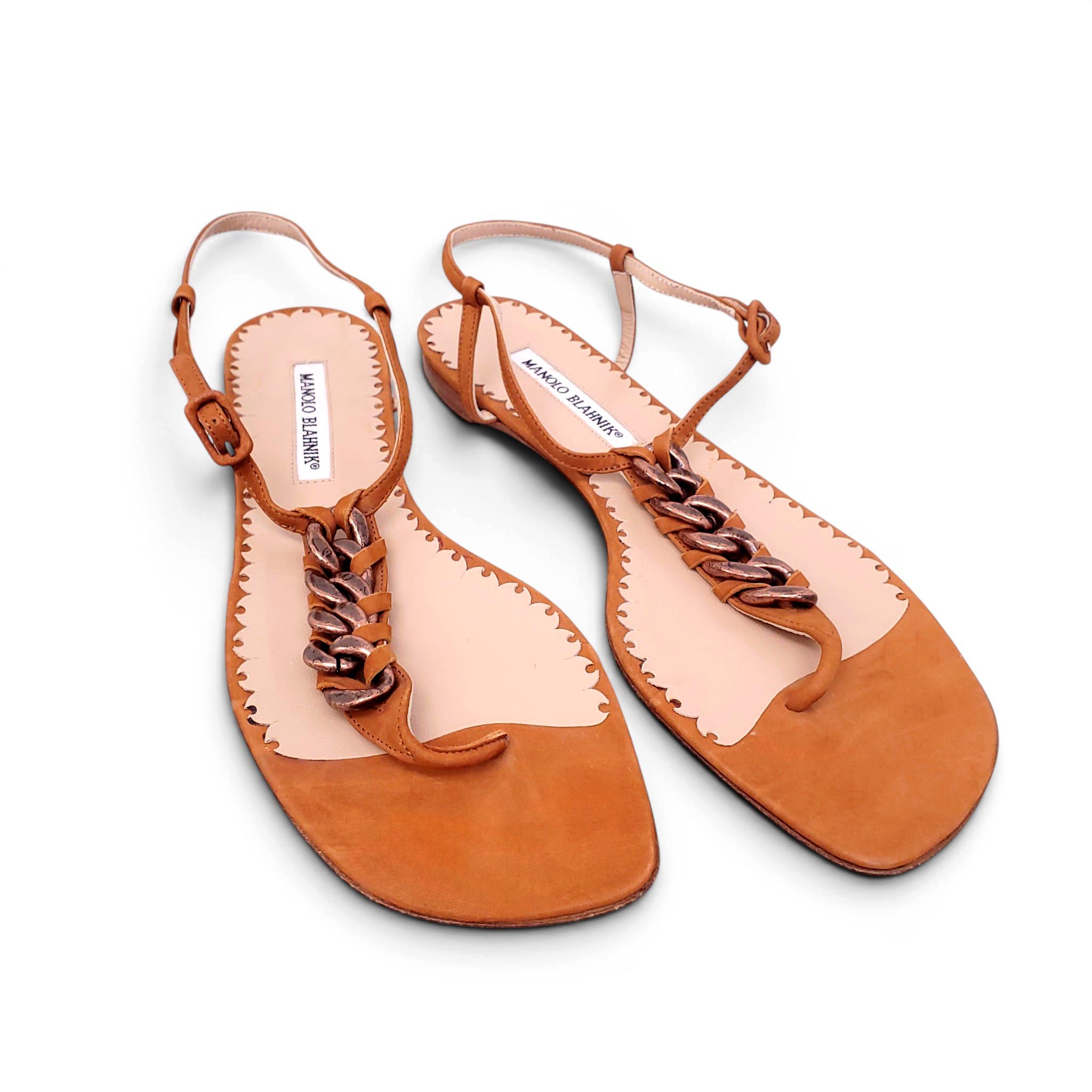 MANOLO BLAHNIK BROWN LEATHER CHAIN SANDALS - SIZE 40