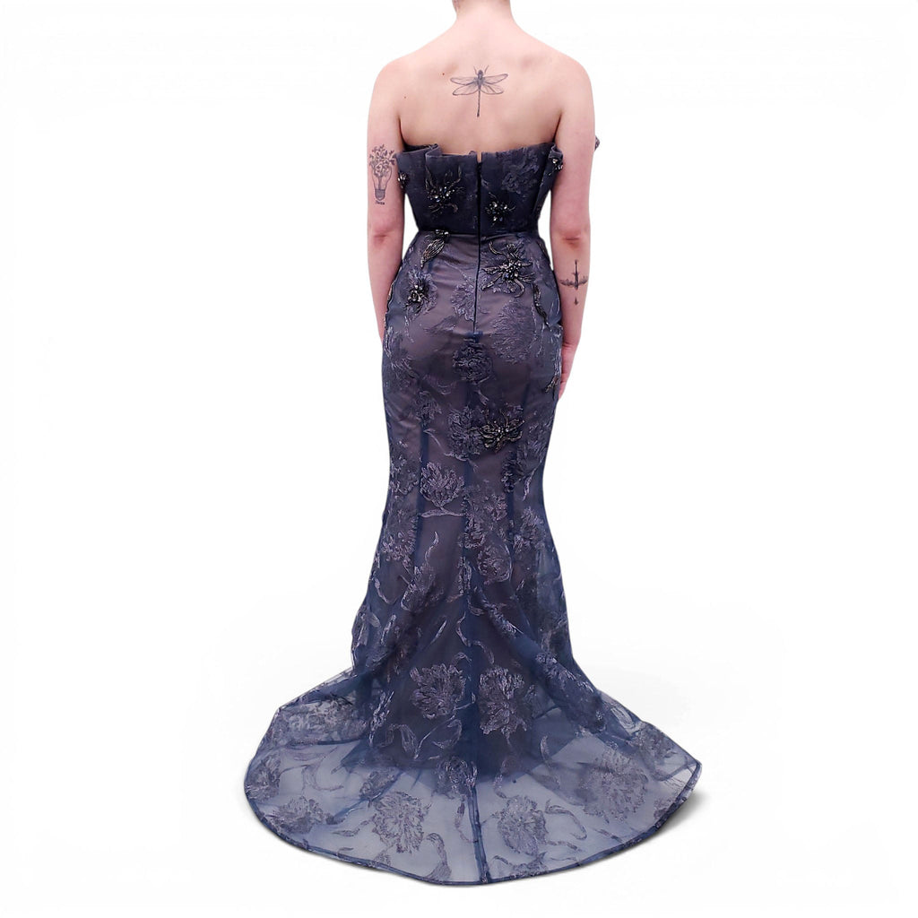 MARCHESA RUNWAY TEAL SEQUIN FLORAL OVERLAY GOWN - SIZE 4
