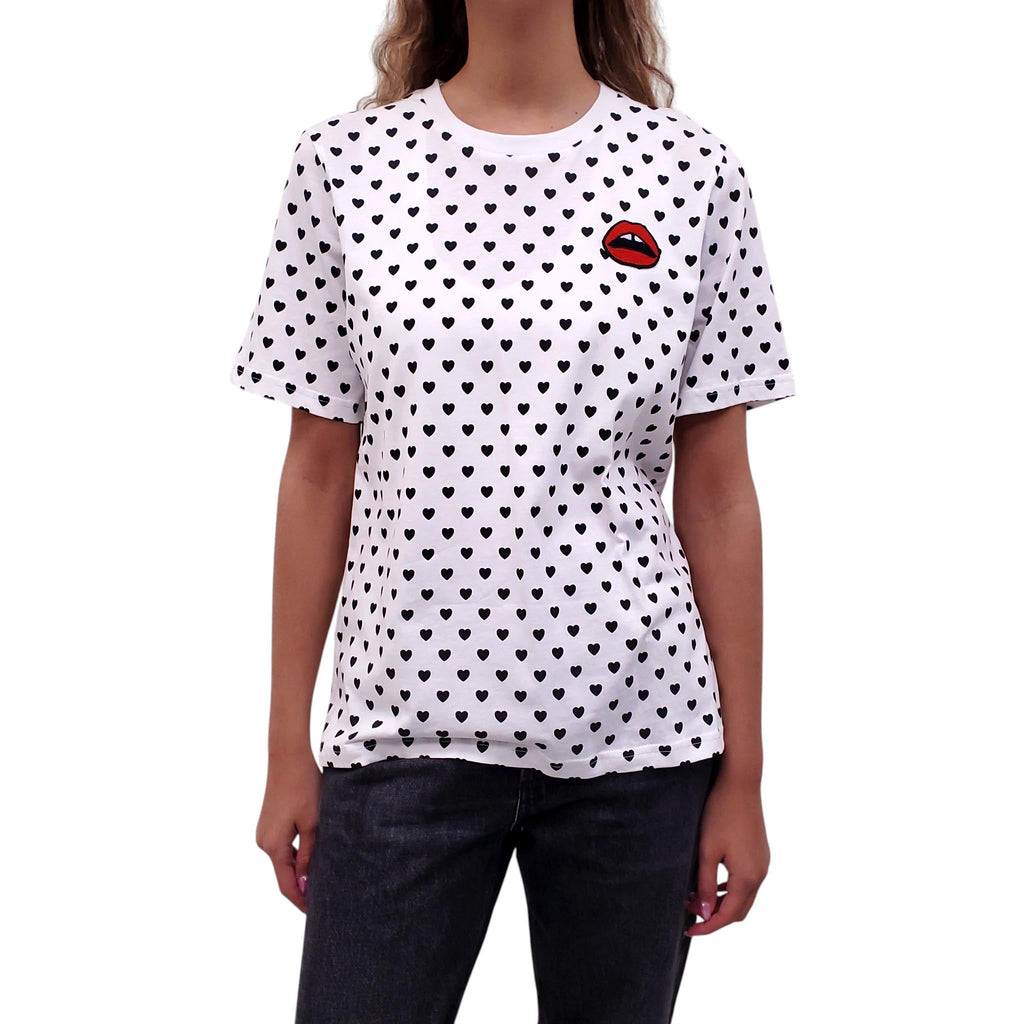 MARKUS LUPFER HEART PATTERNED T-SHIRT WITH EMBROIDERED DETAIL - SIZE S