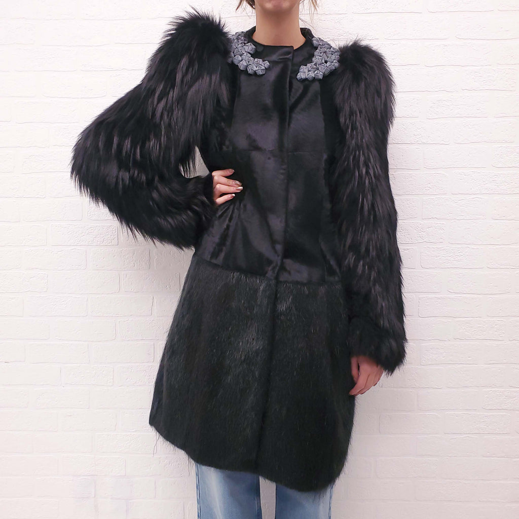 MARNI BLACK FUR JACKET WITH LEATHER STUDDED COLLAR - SIZE 44