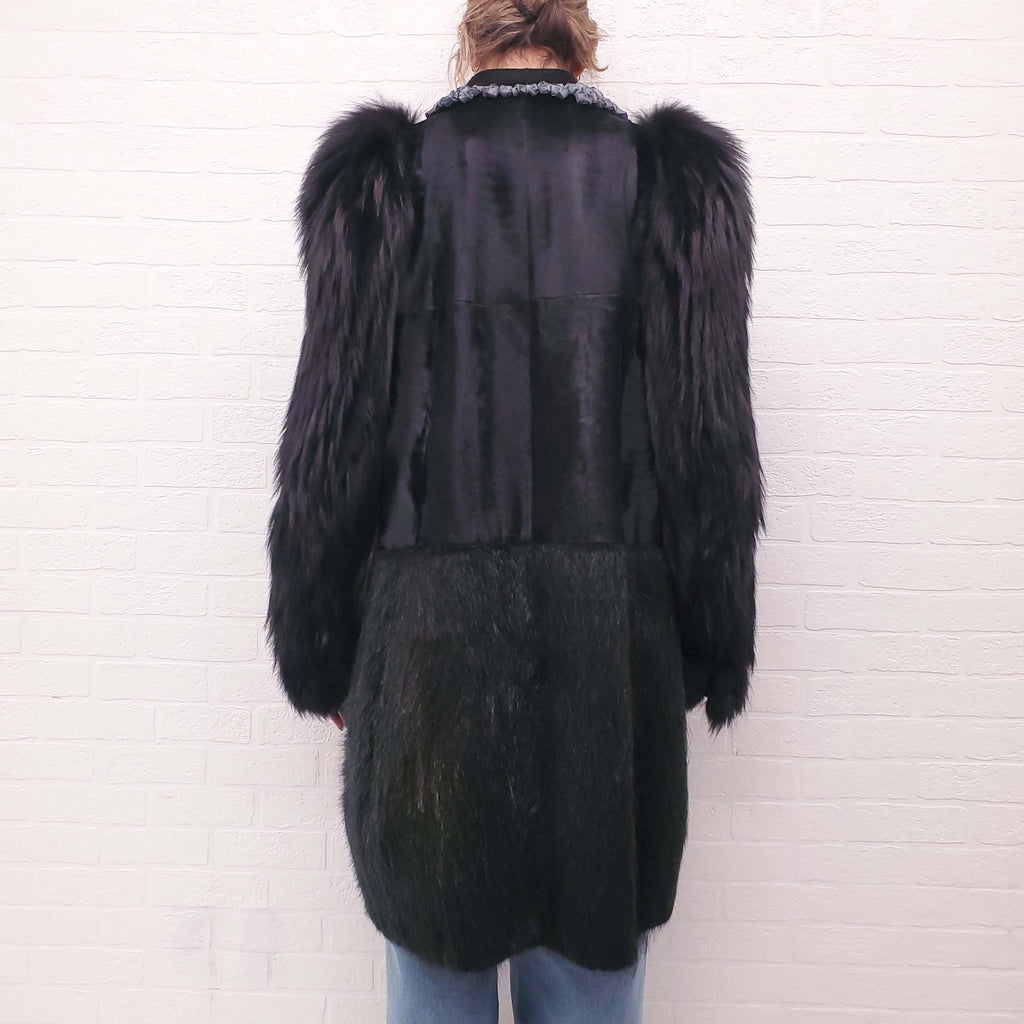 MARNI BLACK FUR JACKET WITH LEATHER STUDDED COLLAR - SIZE 44