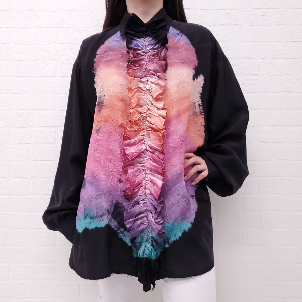 MARNI RUNWAY BLACK SILK TIE DYE RUFFLE TUXEDO BLOUSE - SIZE 48