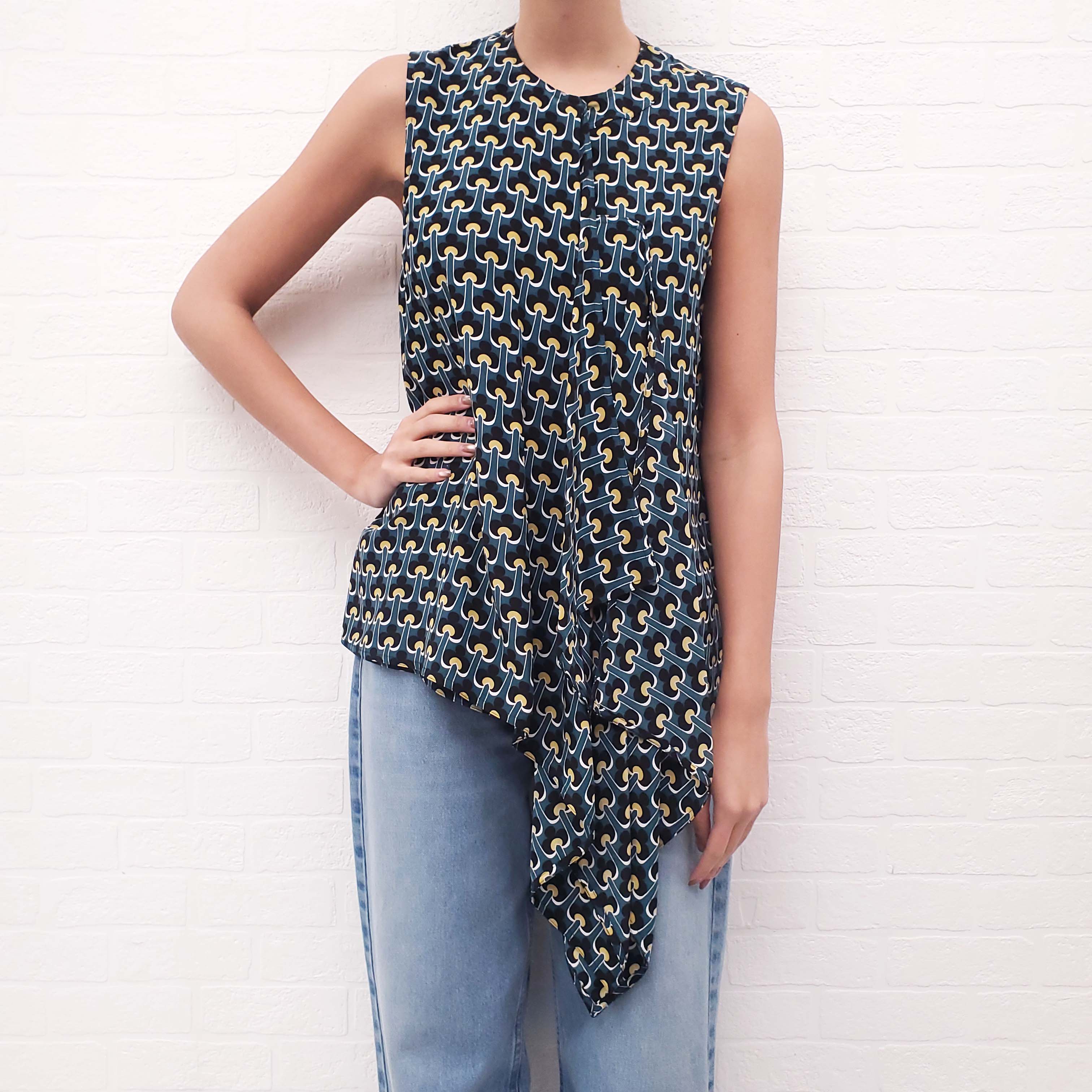MARNI GREEN SILK PATTERNED SLEEVELESS BLOUSE - SIZE 42