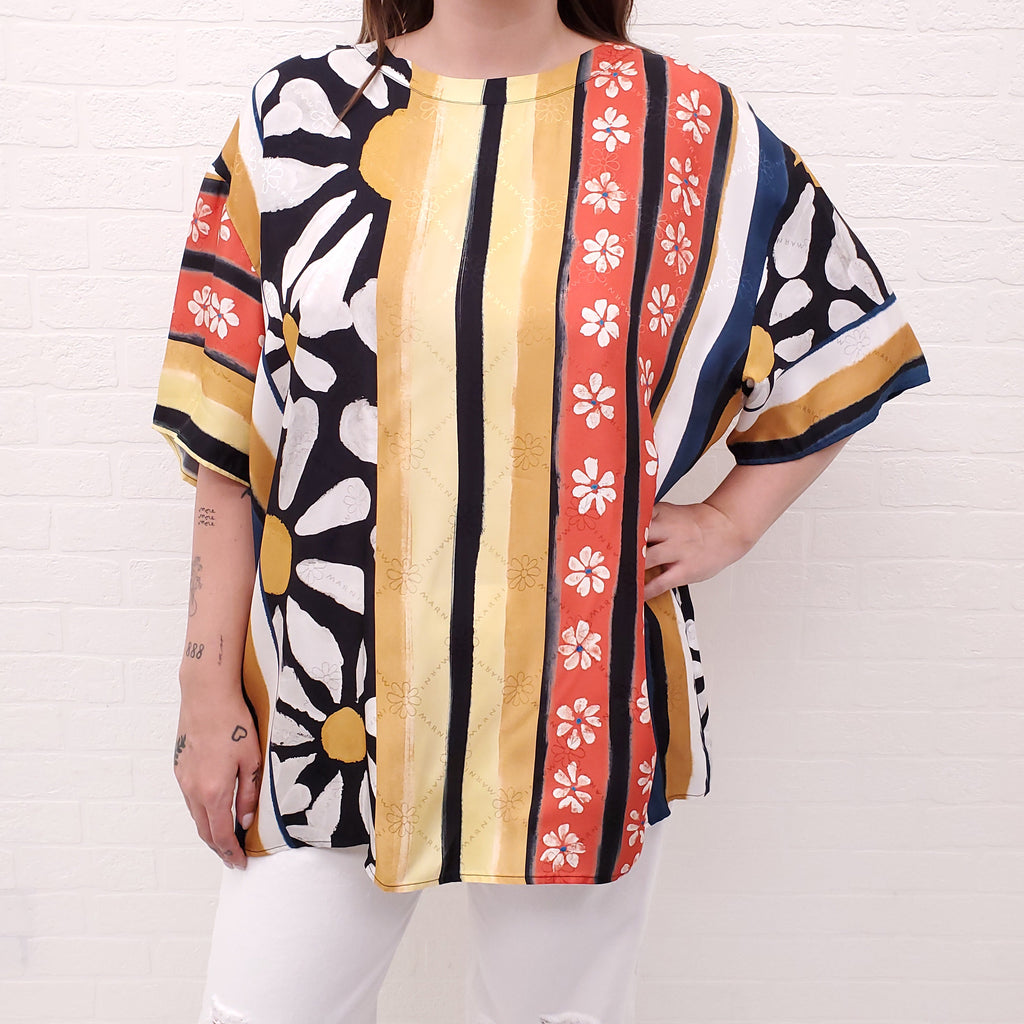 MARNI MULTI-PATTERNED FLORAL SHORT SLEEVE BLOUSE WITH LOGO - SIZE 44