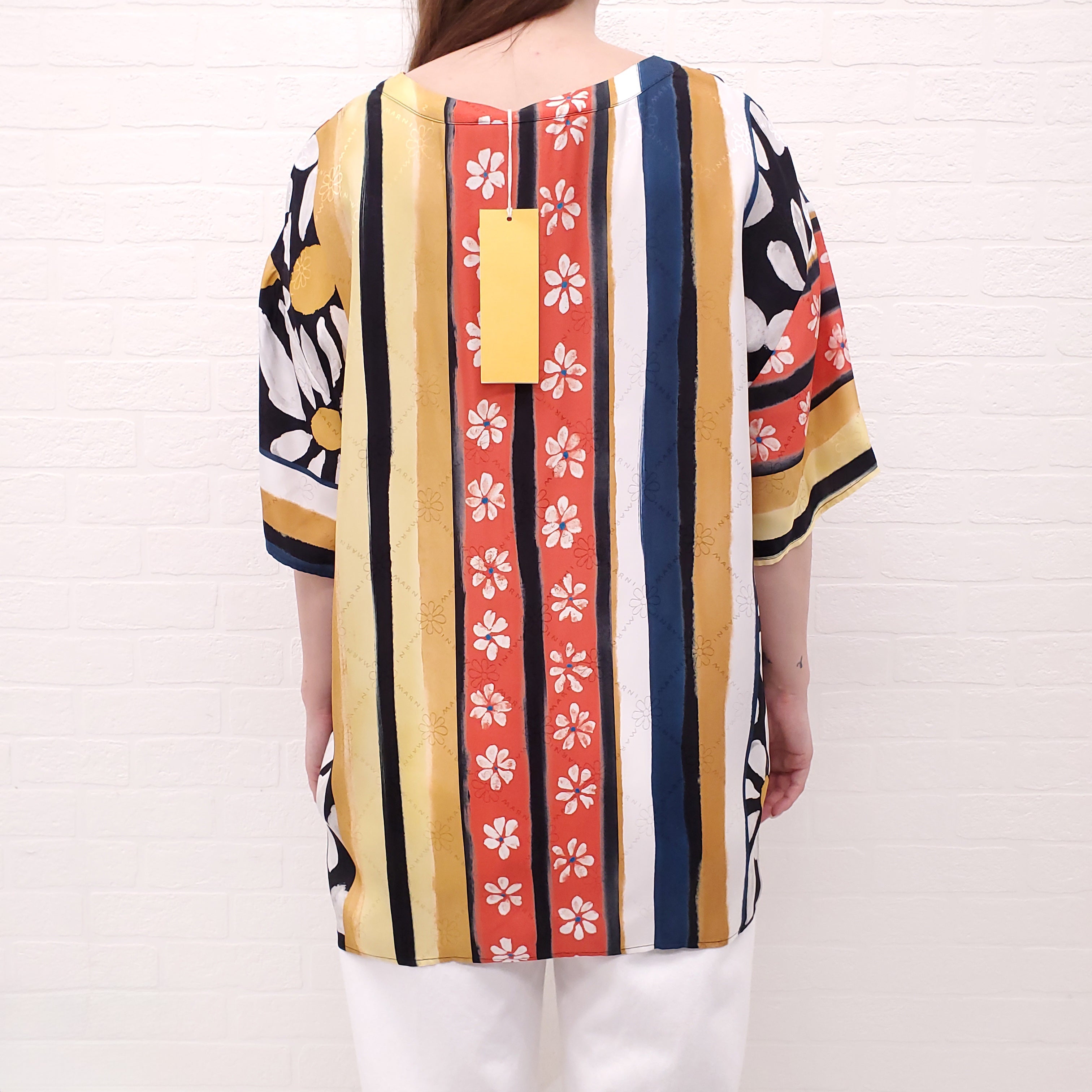 MARNI MULTI-PATTERNED FLORAL SHORT SLEEVE BLOUSE WITH LOGO - SIZE 44