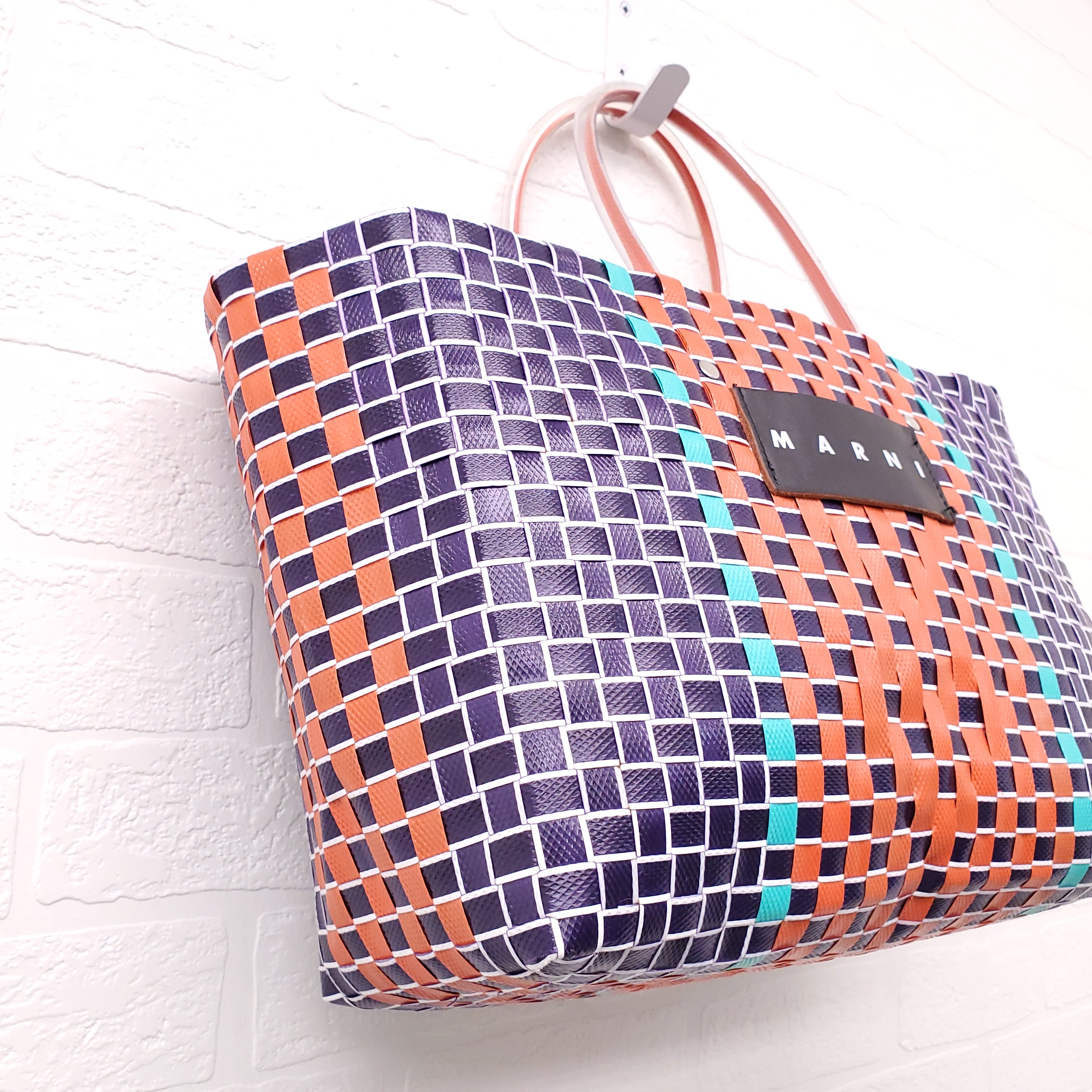 MARNI NAVY/ORANGE MARKET WOVEN SHOPPING BAG