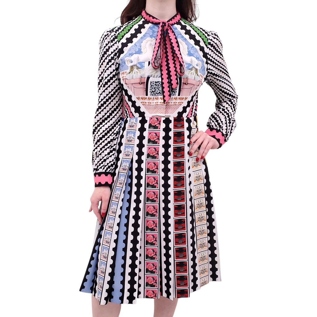 MARY KATRANTZOU PATTERNED LONG-SLEEVE DRESS WITH BOW - SIZE 8