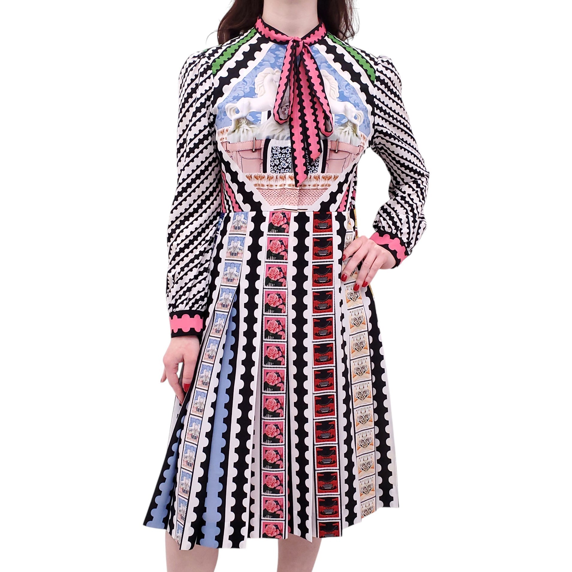 MARY KATRANTZOU PATTERNED LONG-SLEEVE DRESS WITH BOW - SIZE 8