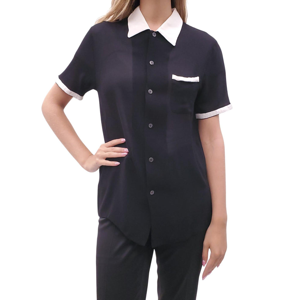 MATSUDA BLACK AND WHITE SHEER POLO SILK BLOUSE - SIZE M