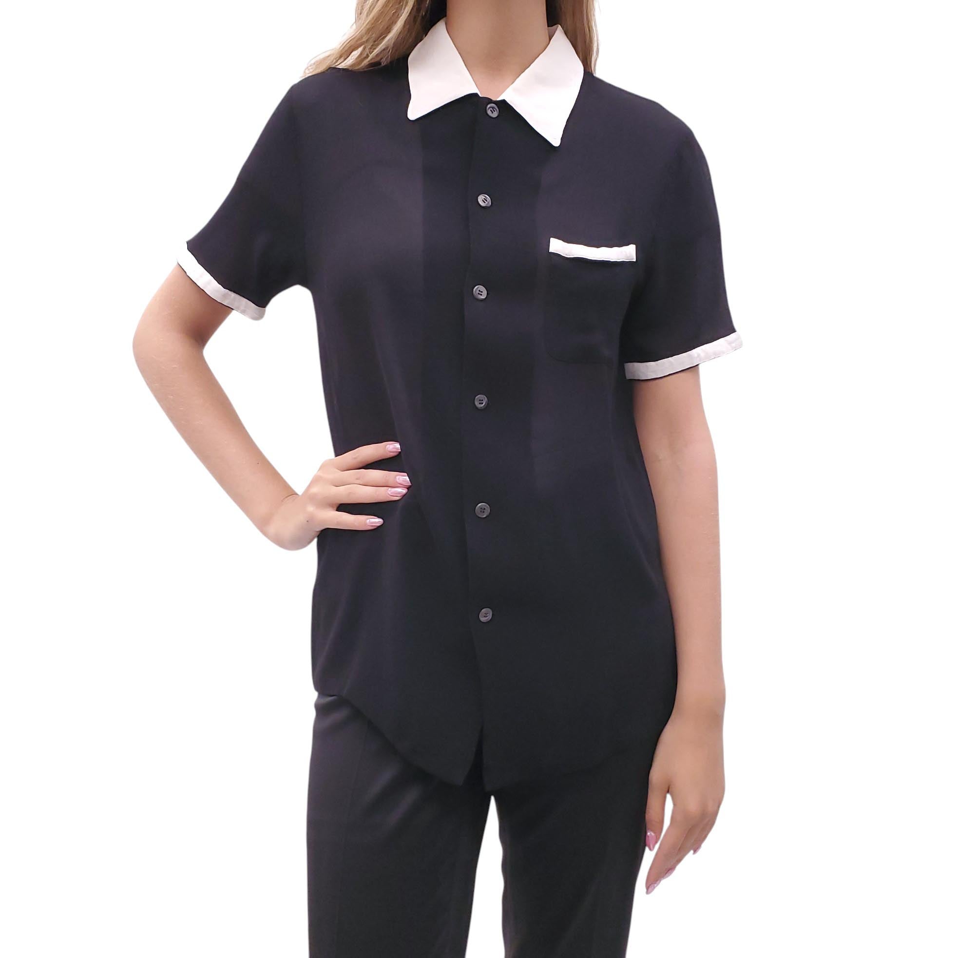 MATSUDA BLACK AND WHITE SHEER POLO SILK BLOUSE - SIZE M
