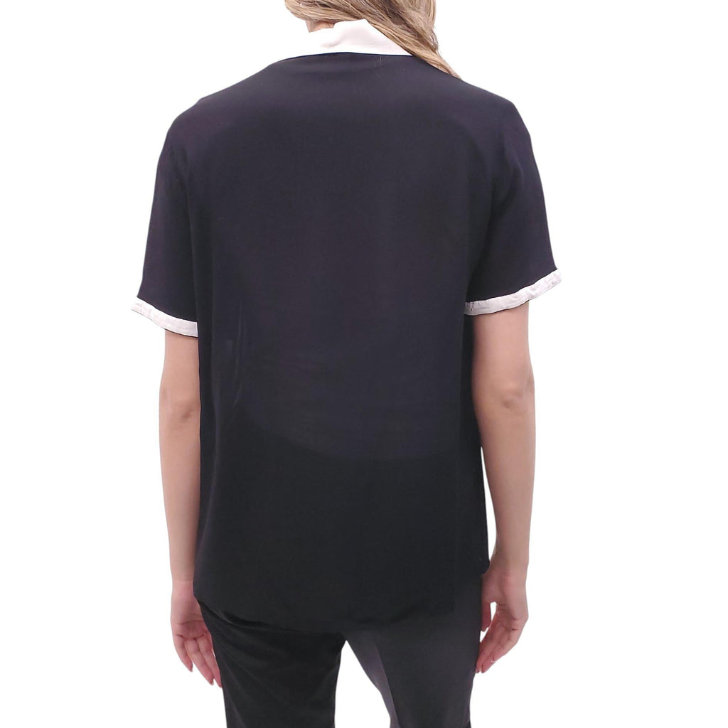 MATSUDA BLACK AND WHITE SHEER POLO SILK BLOUSE - SIZE M