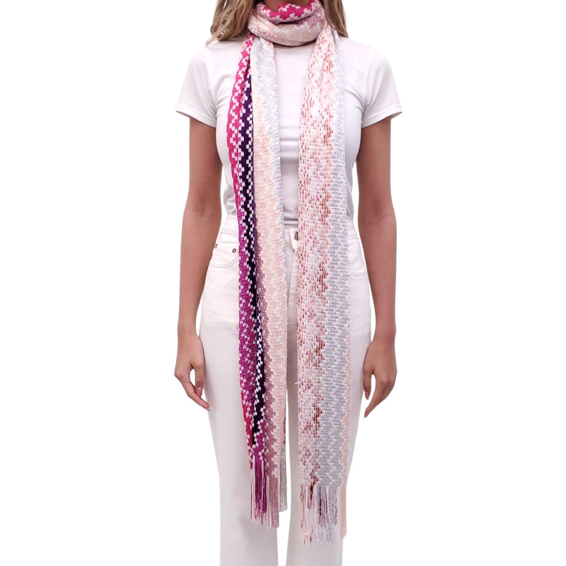 MISSONI METALLIC SILVER, PINK AND PURPLE CHEVRON FRINGE SCARF