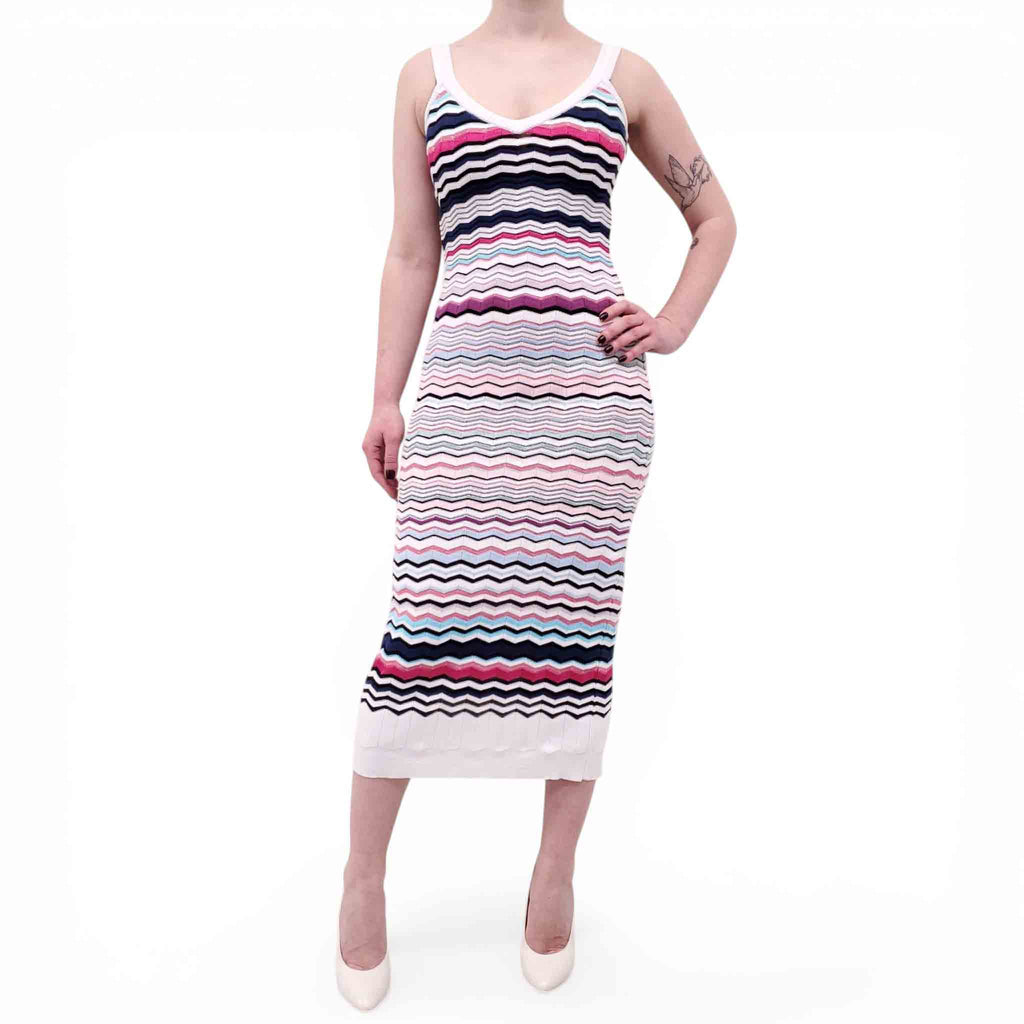 MISSONI WHITE, PINK AND BLUE CHEVRON MIDI DRESS - SIZE 38