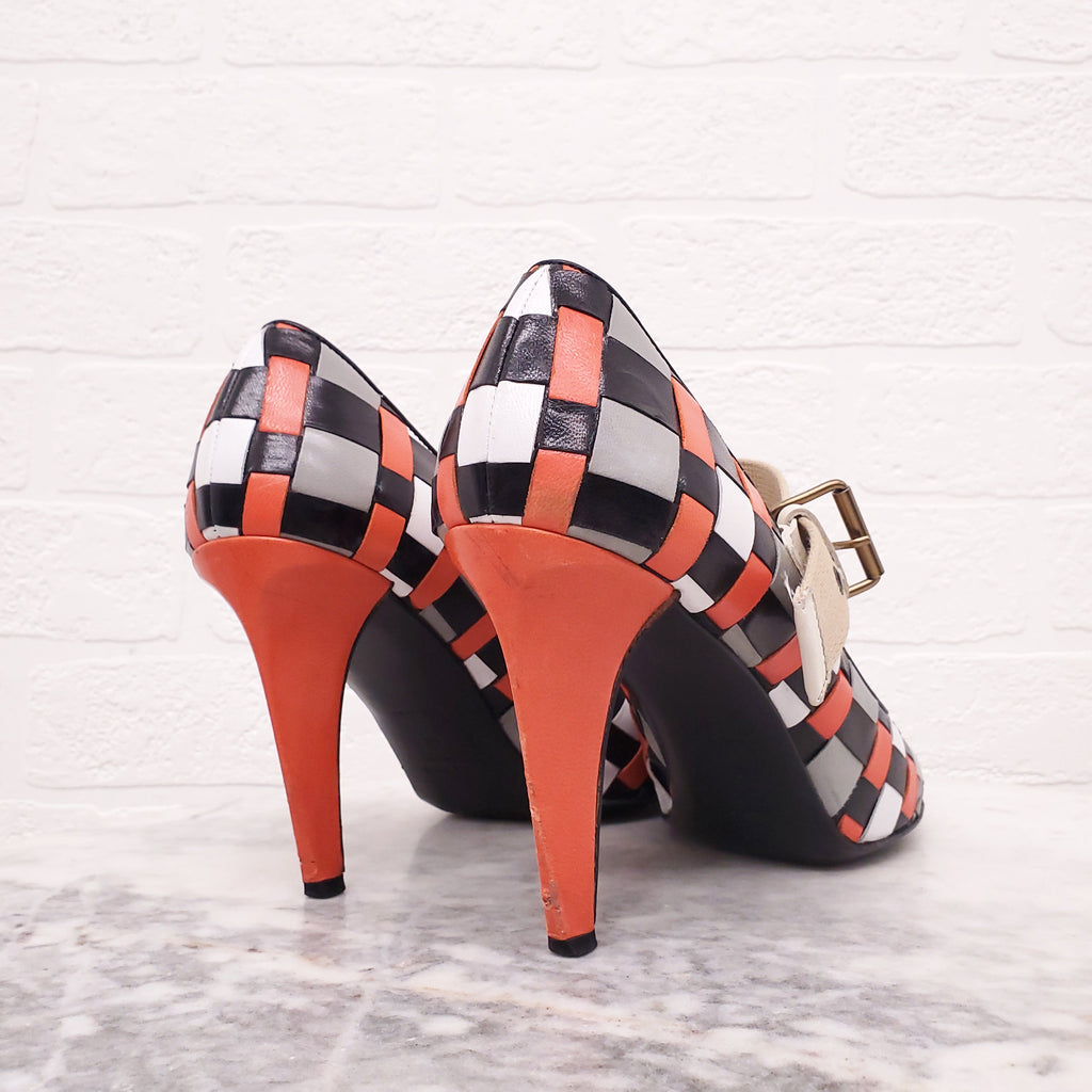 MIU MIU BLACK, ORANGE AND CREAM SQUARE PATTERNED HEELS - SIZE 40