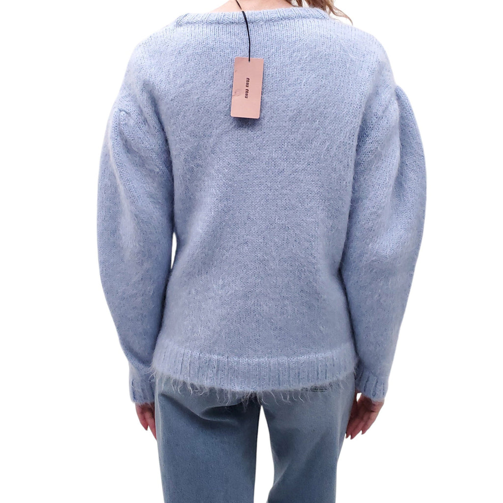 MIU MIU BLUE CRYSTAL EMBELLISHED CARDIGAN WITH PEARL BUTTONS - SIZE M