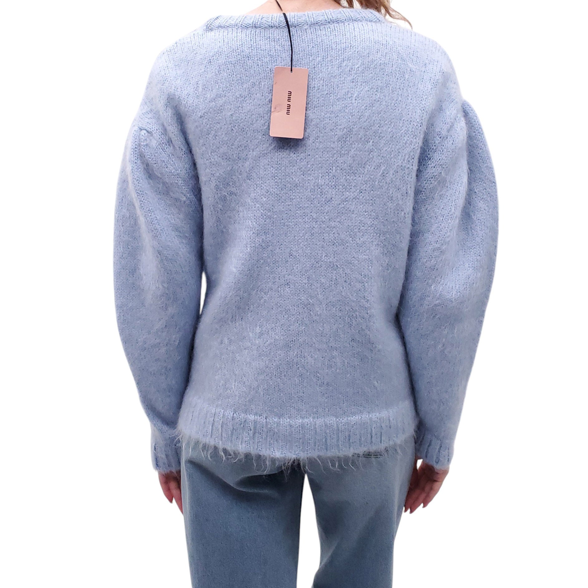 MIU MIU BLUE CRYSTAL EMBELLISHED CARDIGAN WITH PEARL BUTTONS - SIZE M
