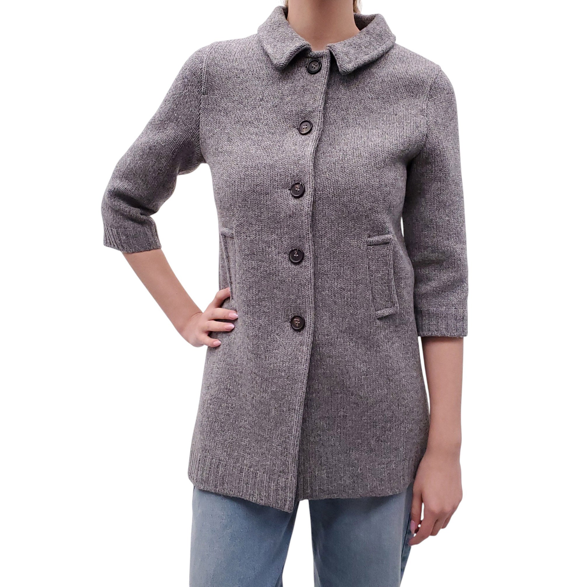 MIU MIU GREY KNIT WOOL JACKET WITH LOGO - SIZE 36