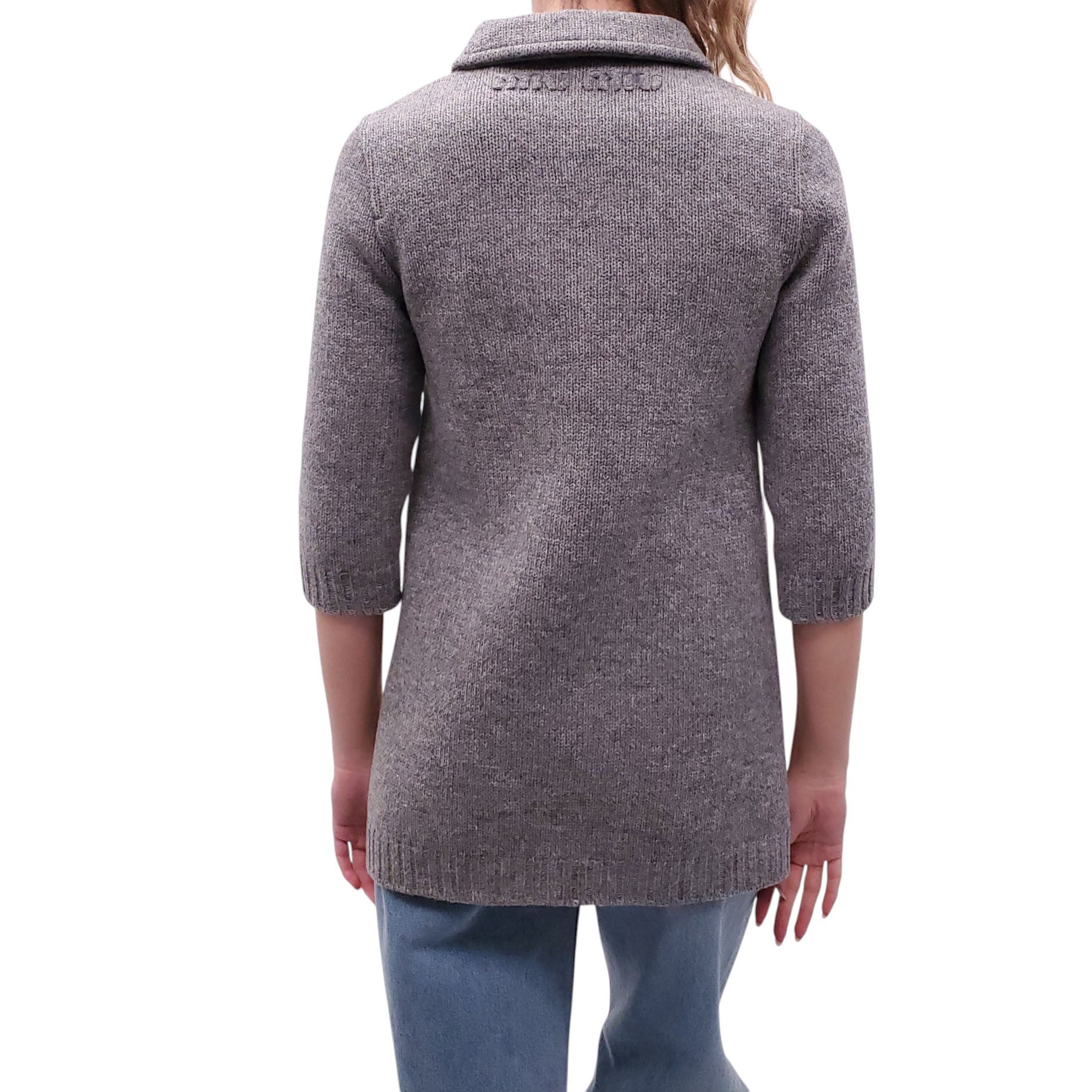 MIU MIU GREY KNIT WOOL JACKET WITH LOGO - SIZE 36