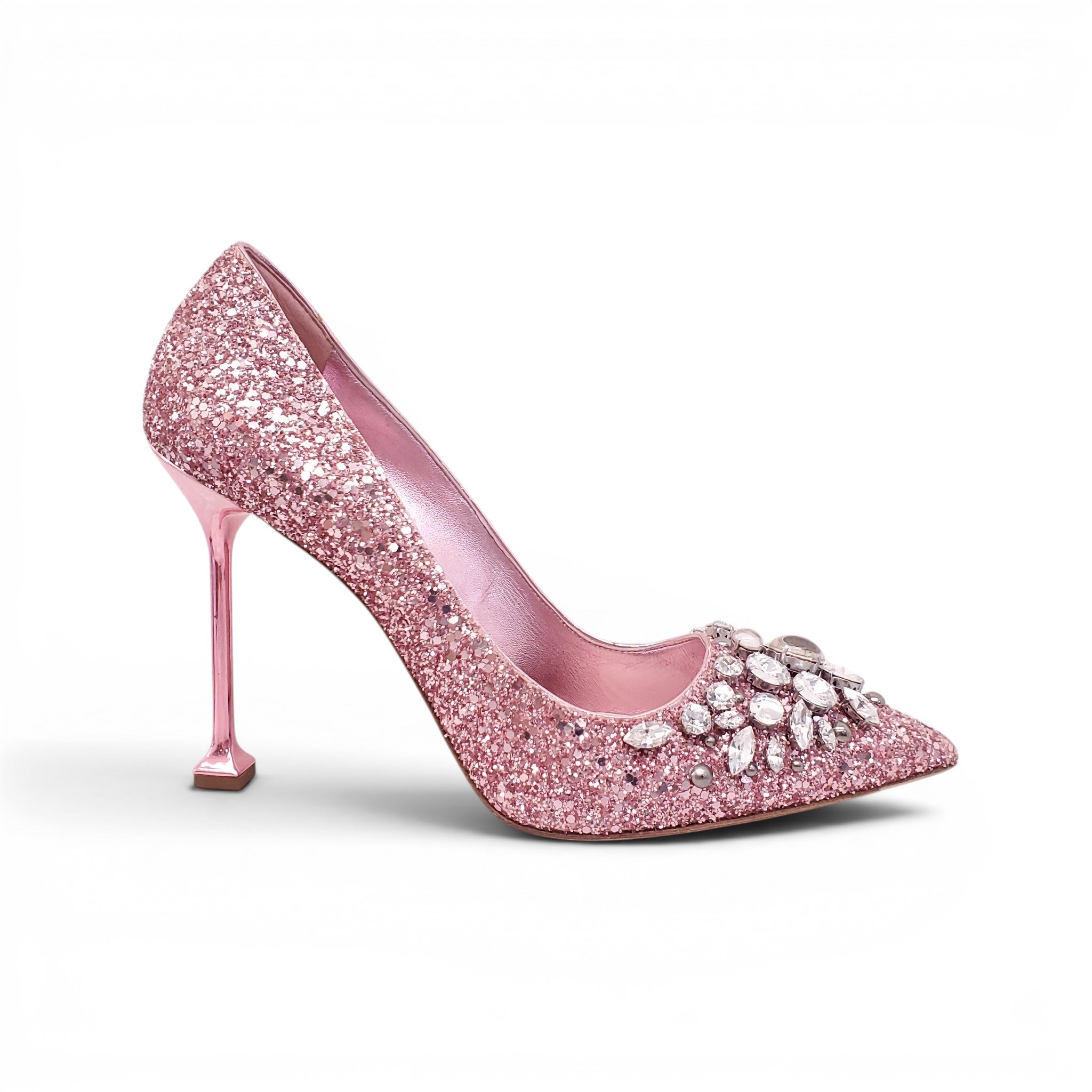 MIU MIU PINK GLITTER HEELS WITH CRYSTAL DETAILS - SIZE 40