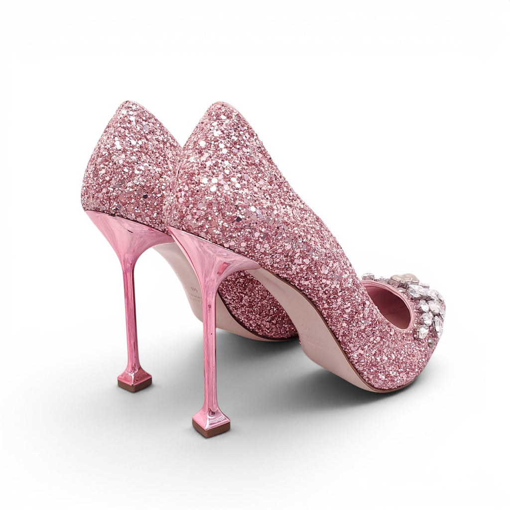 MIU MIU PINK GLITTER HEELS WITH CRYSTAL DETAILS - SIZE 40