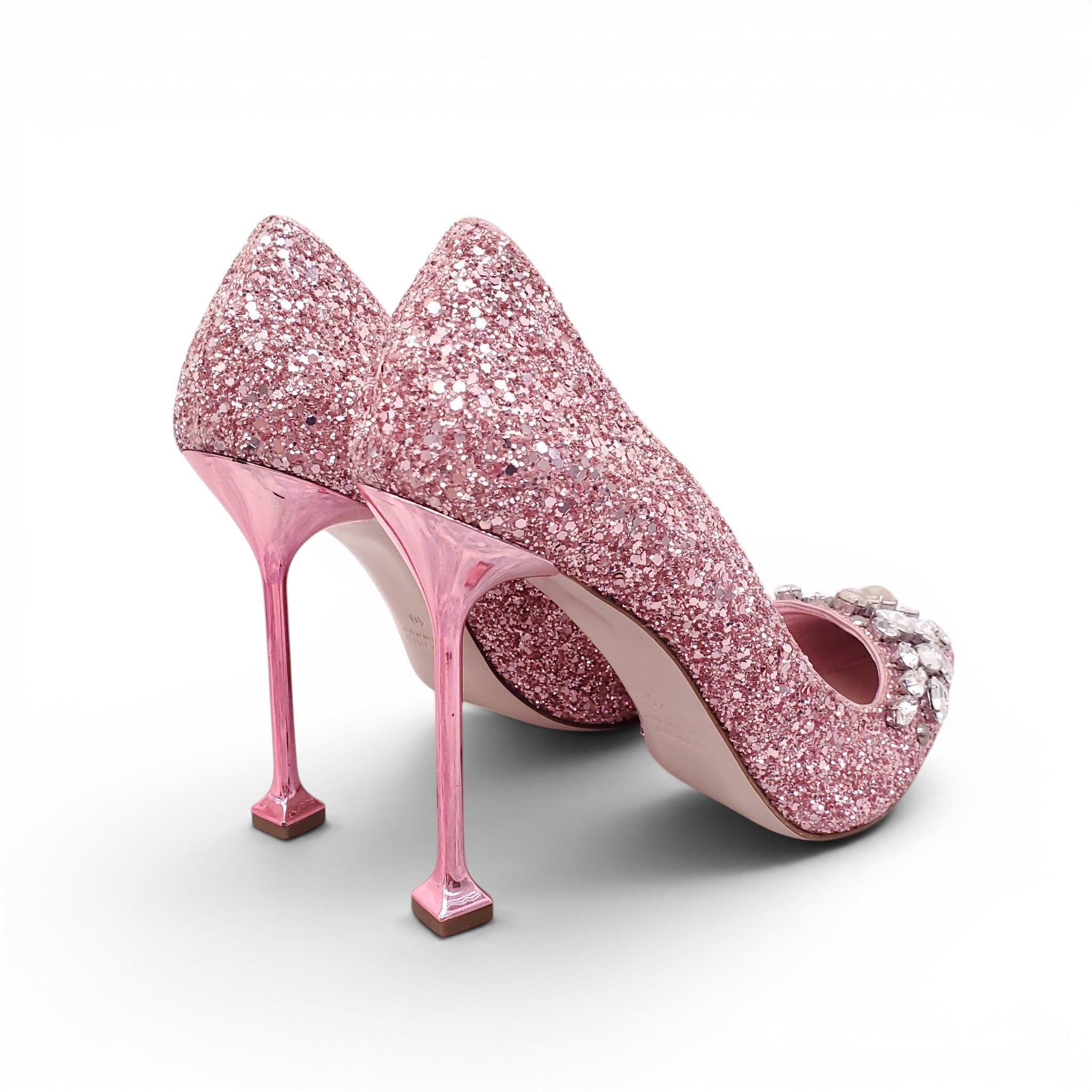 MIU MIU PINK GLITTER HEELS WITH CRYSTAL DETAILS - SIZE 40