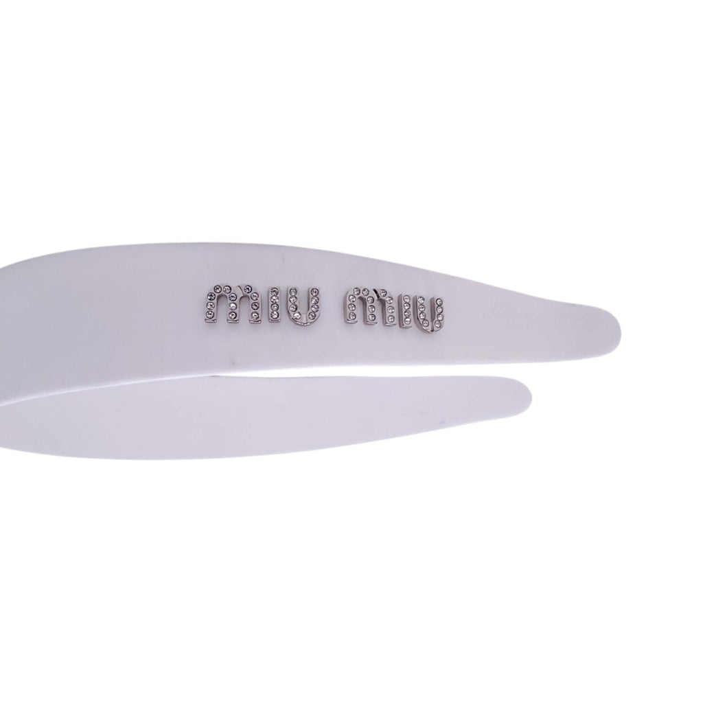 MIU MIU WHITE HEADBAND WITH CRYSTAL LOGO