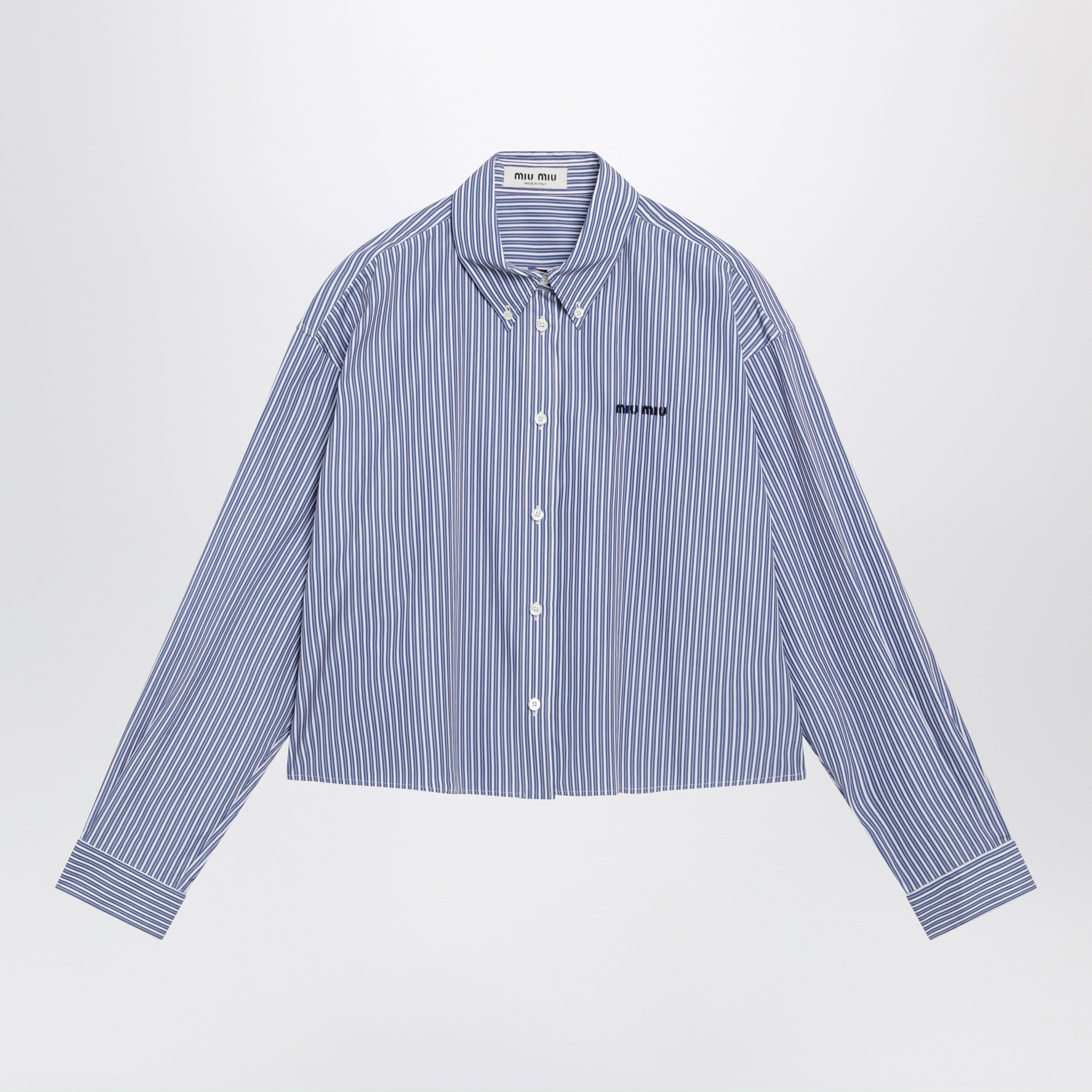 Miu Miu White/Cobalt Striped Cropped Shirt With Logo Embroidery Women