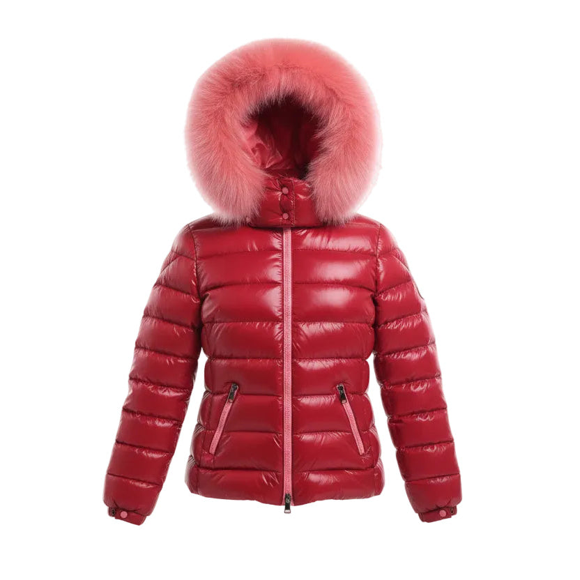 MONCLER RED PUFFER JACKET WITH PINK FUR HOOD - SIZE 00 (XXS)