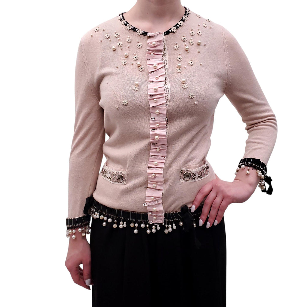 MOSCHINO BLUSH PINK SWEATER WITH FLORAL PEARL DETAILS - SIZE S