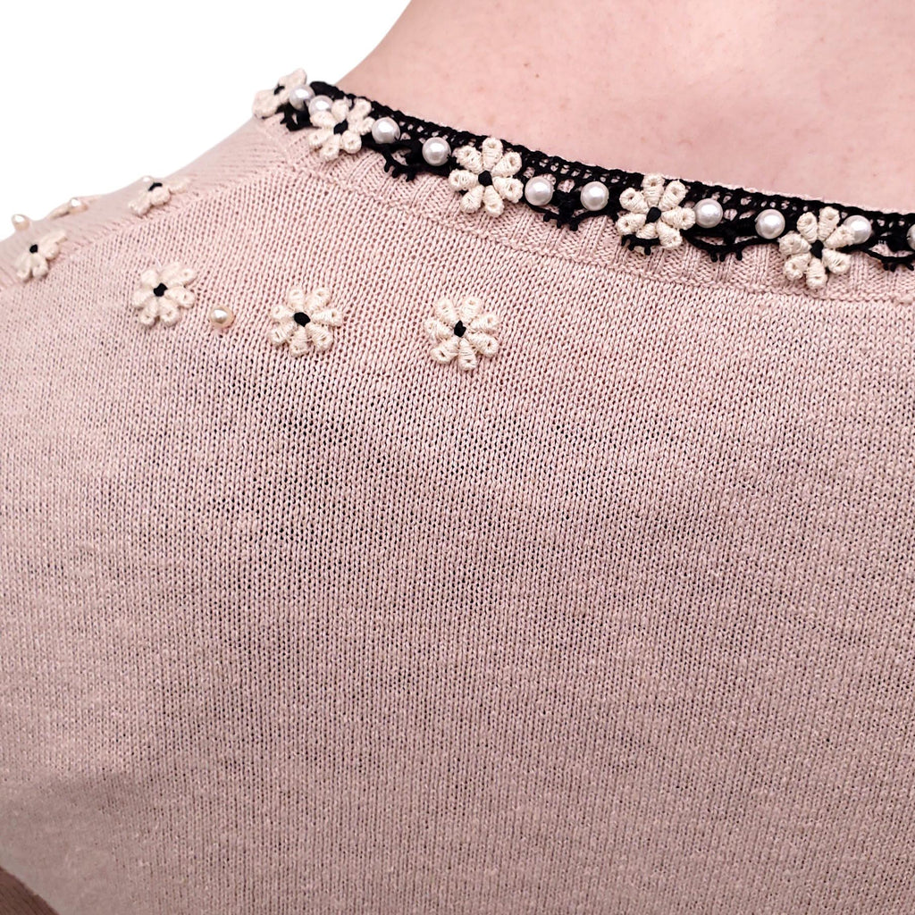 MOSCHINO BLUSH PINK SWEATER WITH FLORAL PEARL DETAILS - SIZE S