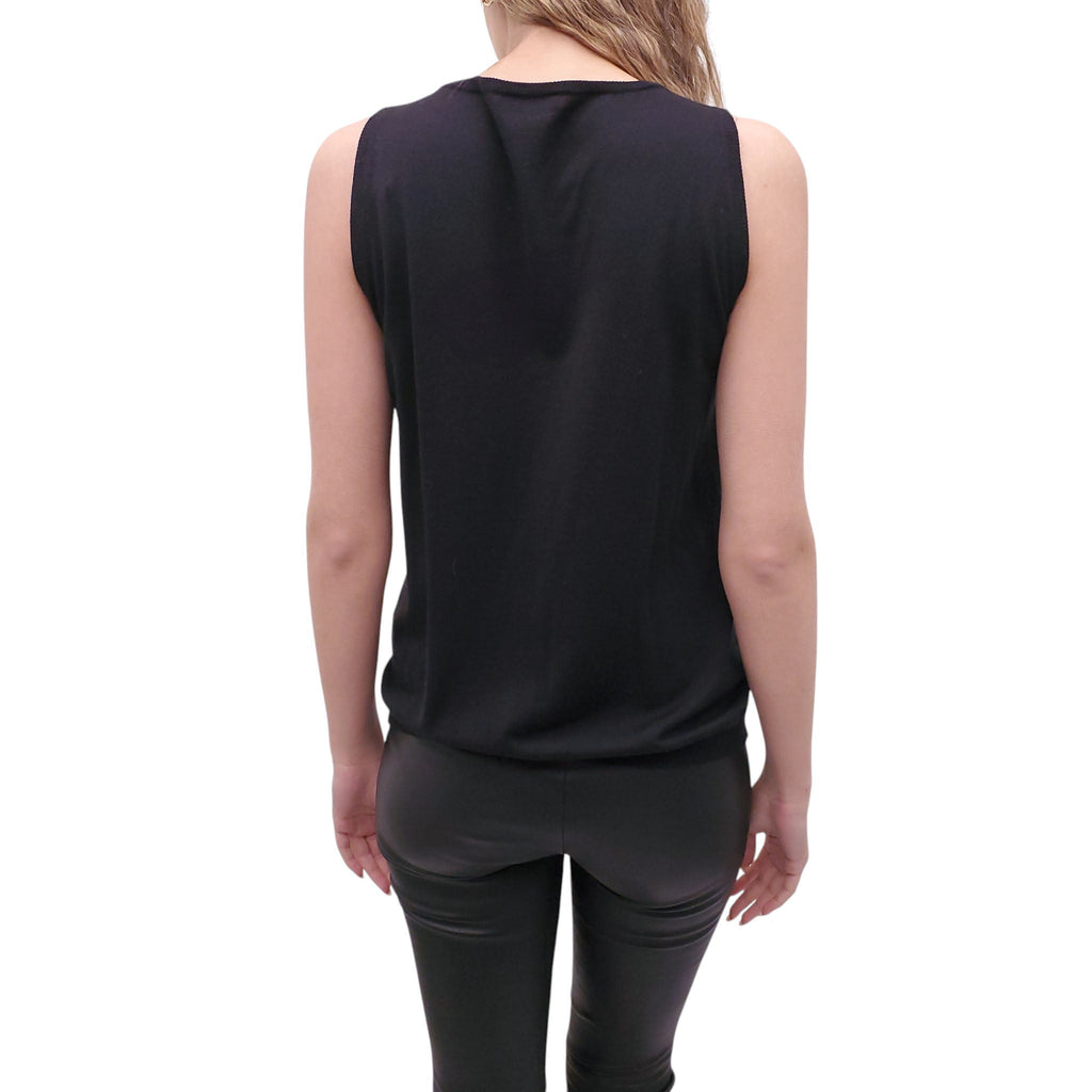 MOSCHINO COUTURE BLACK SLEEVELESS SWEATER WITH EMBLEM DETAIL - SIZE 12 (FITS SMALL)