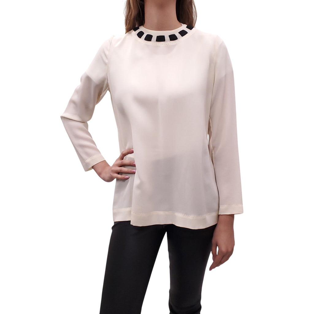MOSCHINO COUTURE CREAM BLOUSE WITH BLACK PIPING - SIZE 12 (FITS SMALL)