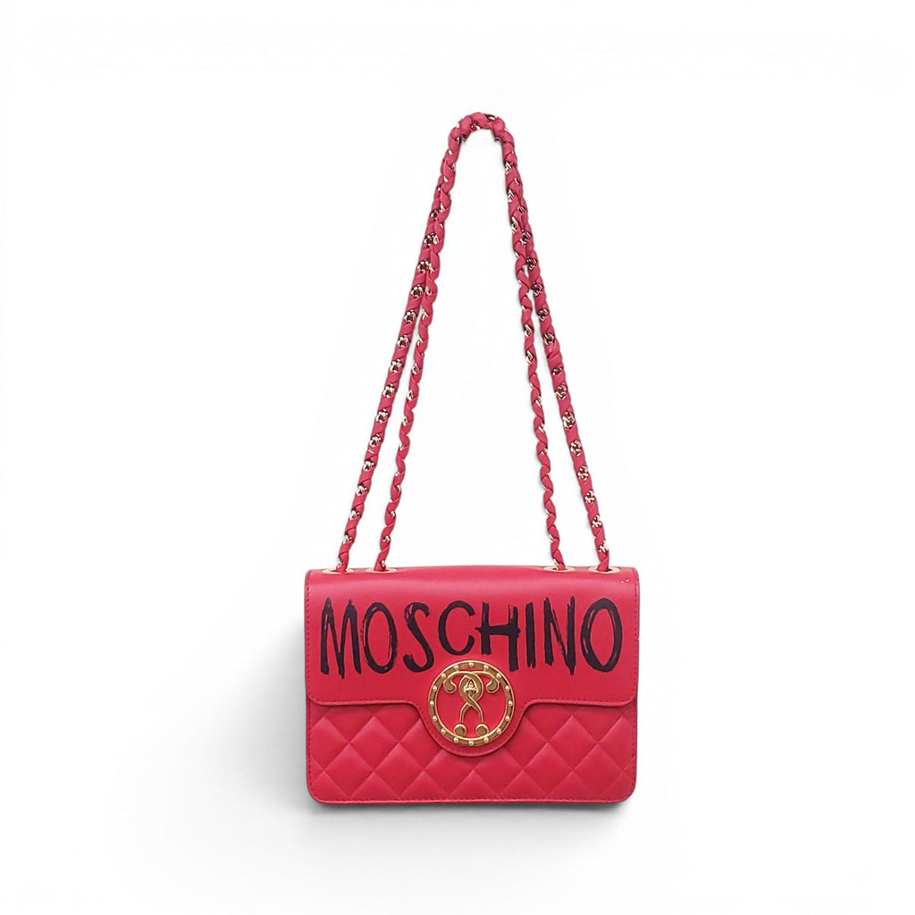 MOSCHINO RED QUILTED LOGO BAG WITH GOLD EMBLEM