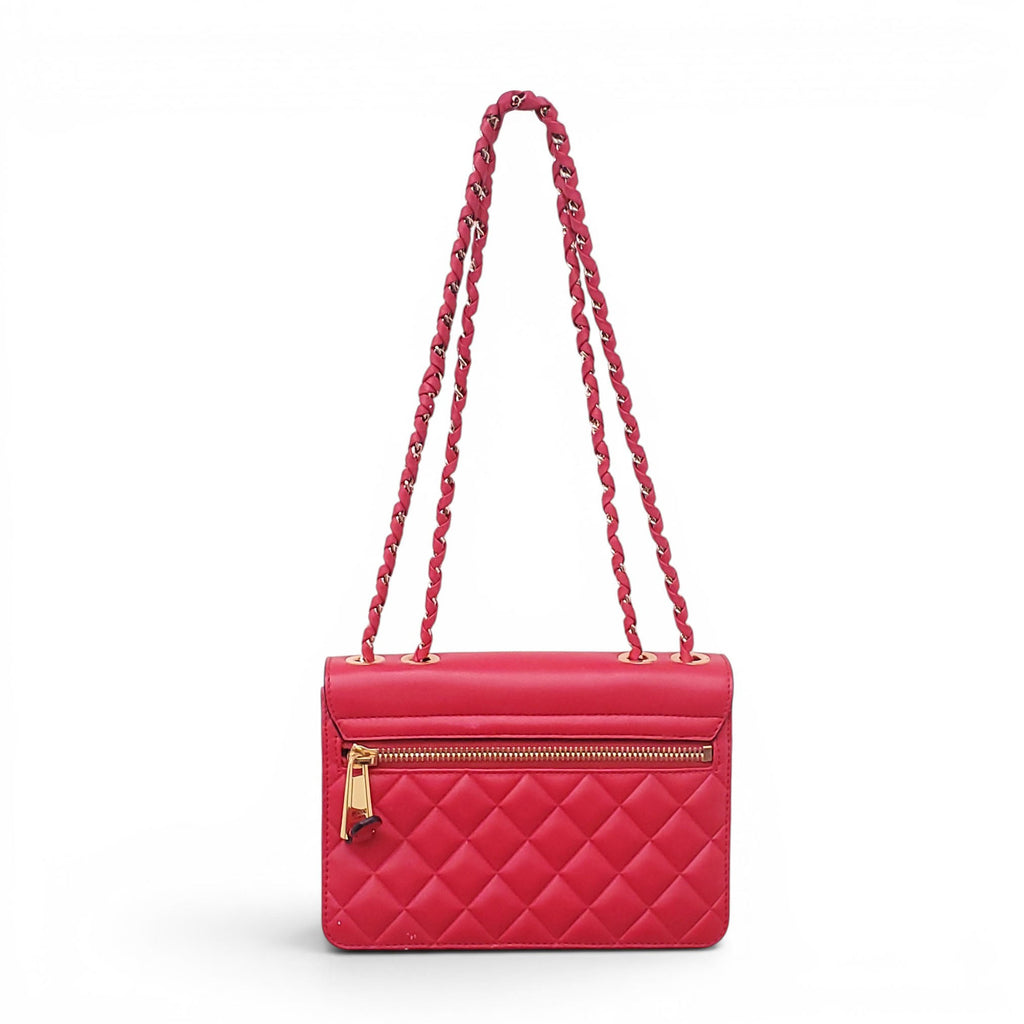 MOSCHINO RED QUILTED LOGO BAG WITH GOLD EMBLEM