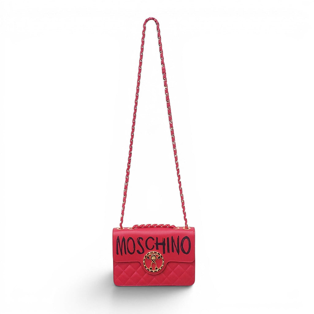 MOSCHINO RED QUILTED LOGO BAG WITH GOLD EMBLEM