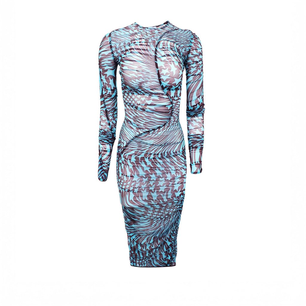 MUGLER BLUE STAR PATTERN RUCHED SHEER DRESS - SIZE 34