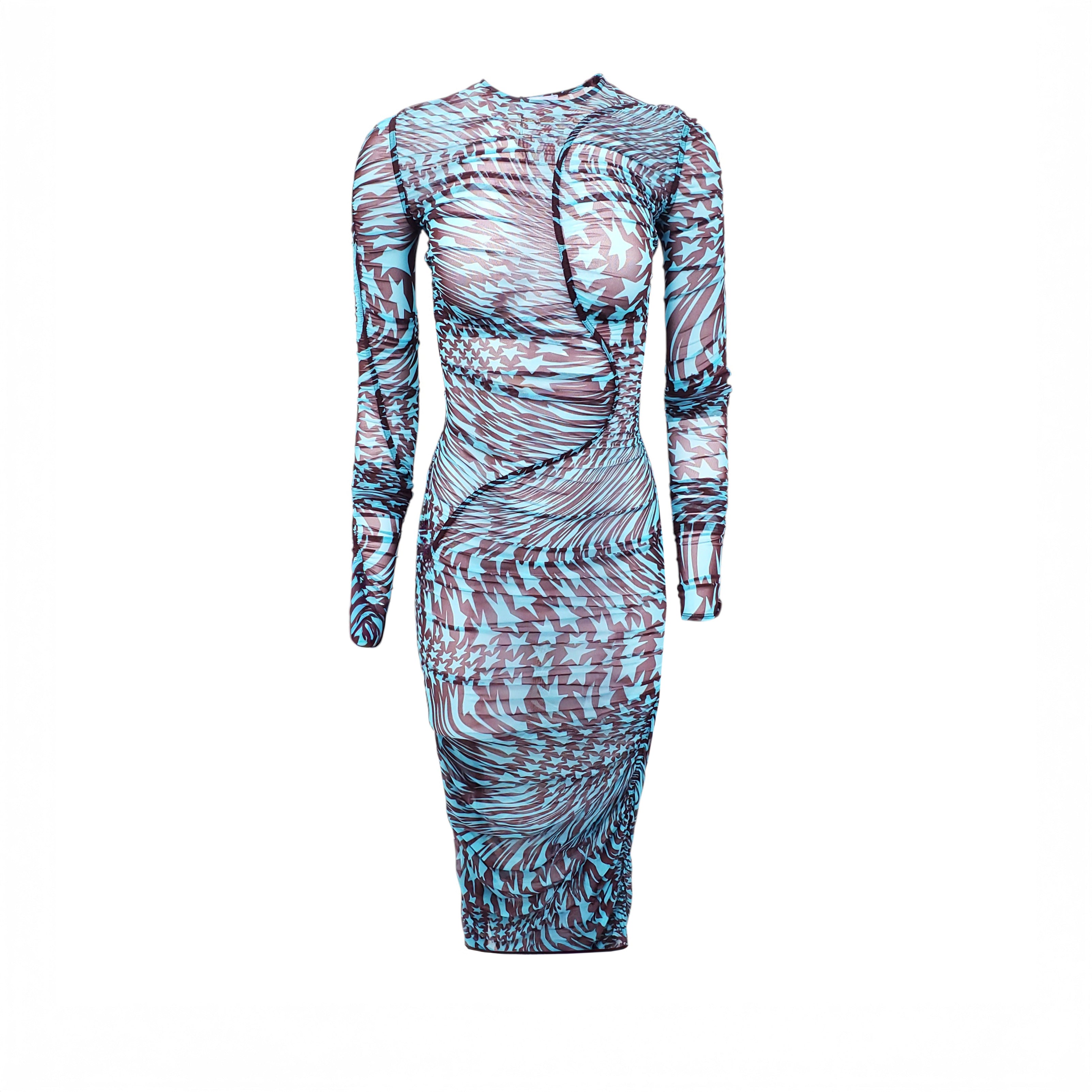 MUGLER BLUE STAR PATTERN RUCHED SHEER DRESS - SIZE 34