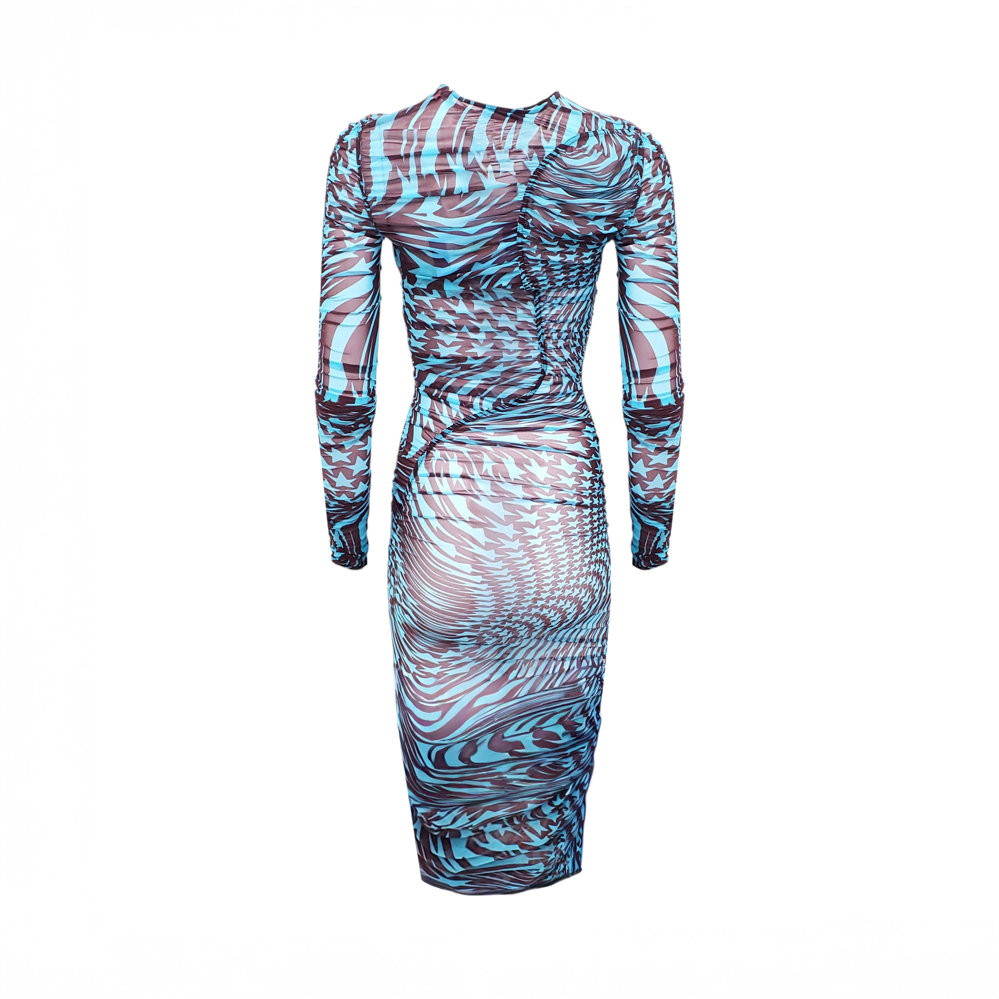 MUGLER BLUE STAR PATTERN RUCHED SHEER DRESS - SIZE 34