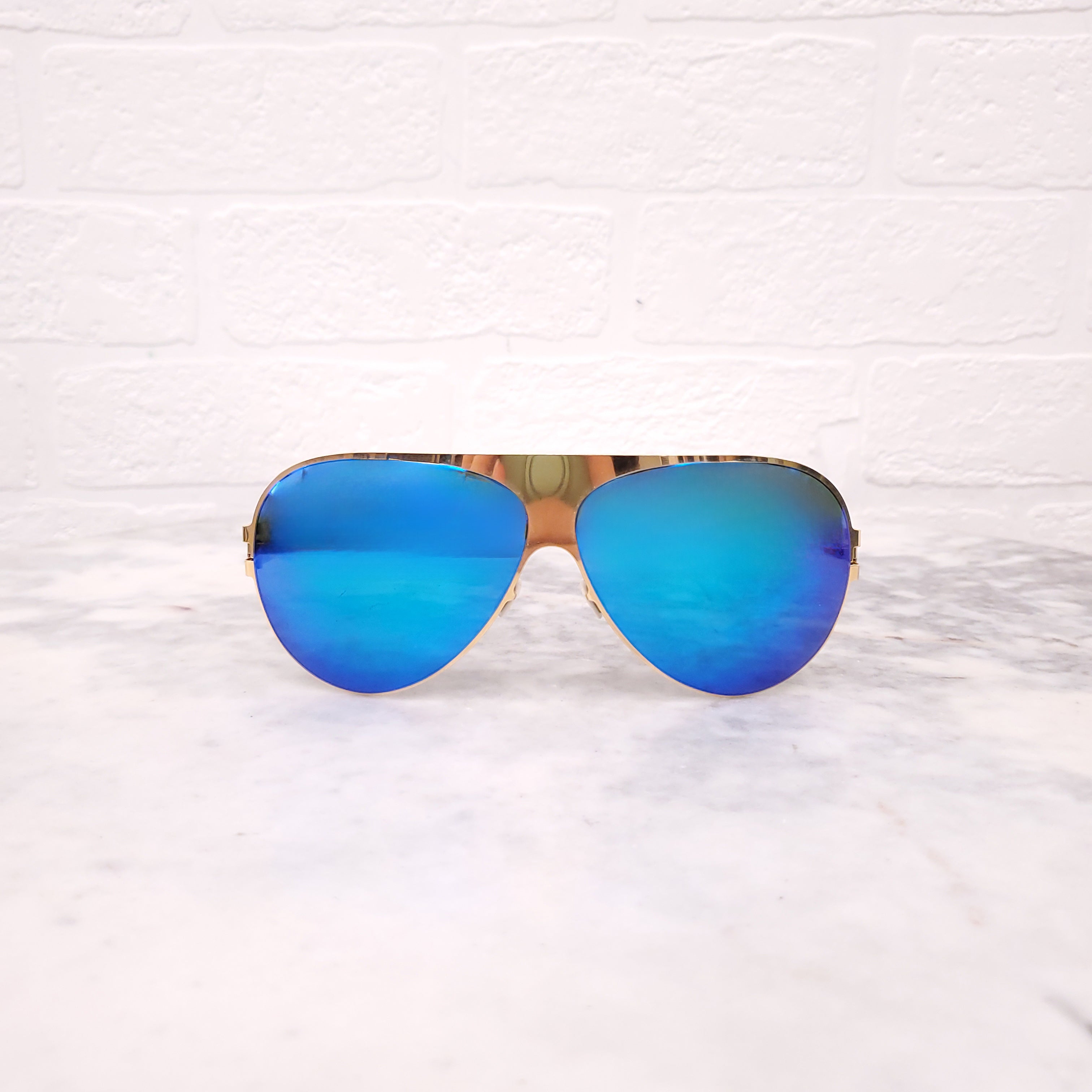 MYKITA GOLD AND BLUE REFLECTIVE AVIATOR SUNGLASSES
