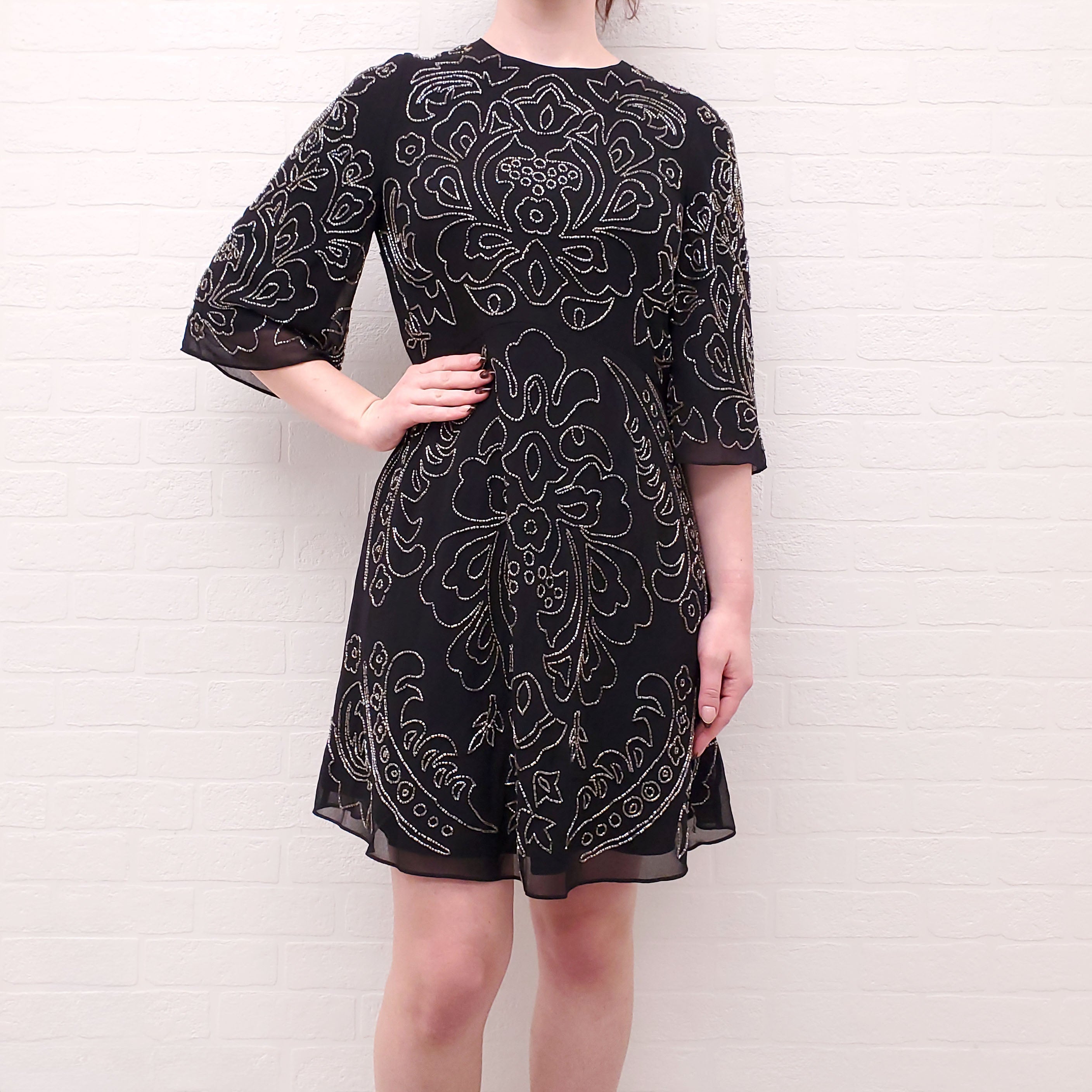 NEEDLE & THREAD BLACK DRESS WITH SILVER PATTERNED BEADING - SIZE 8