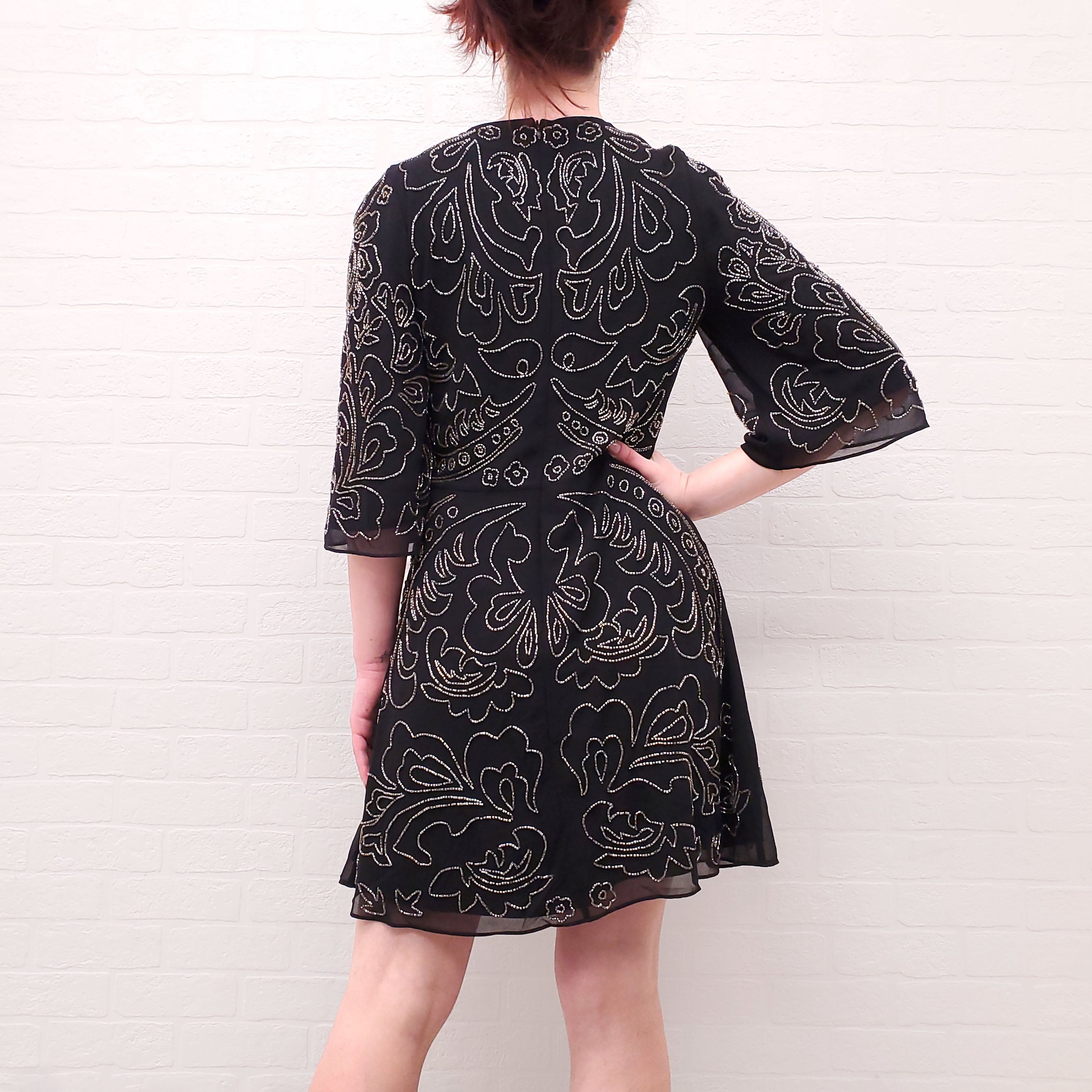 NEEDLE & THREAD BLACK DRESS WITH SILVER PATTERNED BEADING - SIZE 8