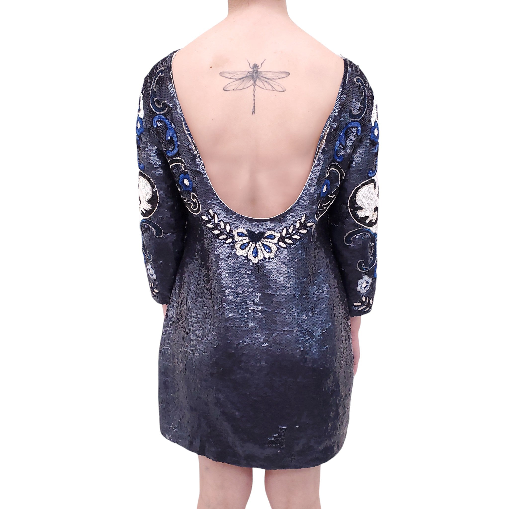 NEEDLE & THREAD BLUE AND WHITE PATTERNED SEQUIN DRESS - SIZE 10