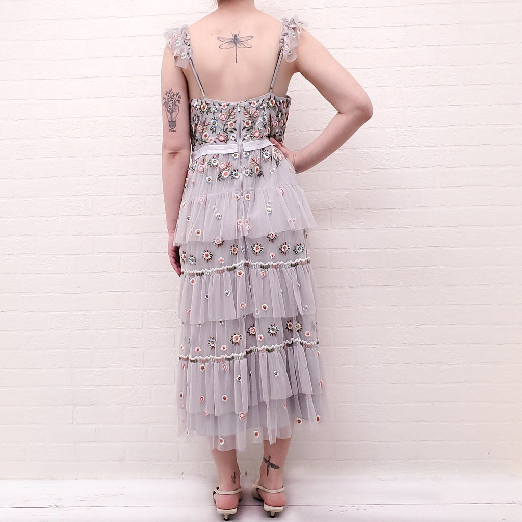 NEEDLE & THREAD GREY FLORAL RUFFLED DRESS - SIZE 8